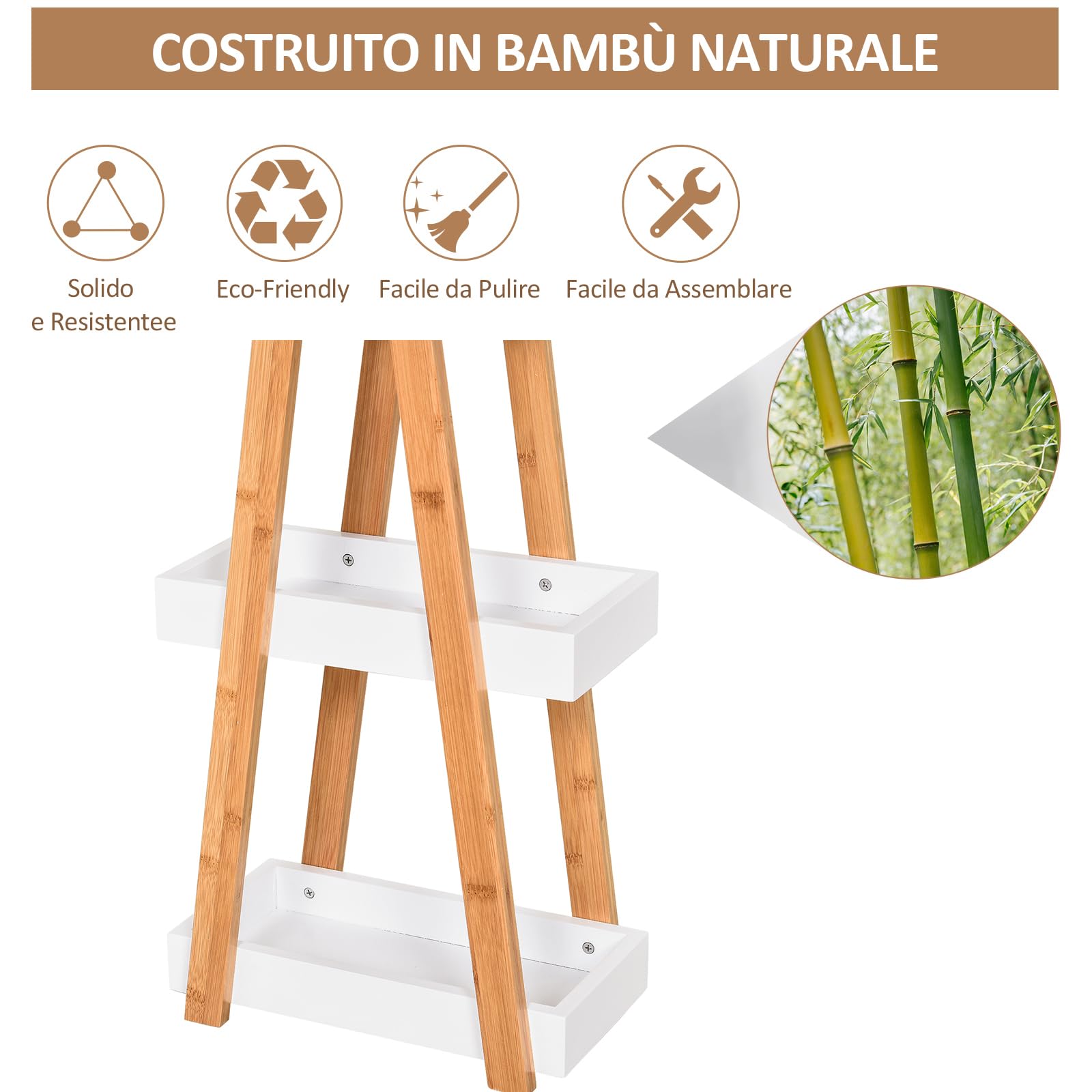 kleankin Scaffale Salvaspazio da Bagno in MDF e Bambù, Forma a Piramide con 3 Mensole, Color Legno e Bianco, 30x18x81cm