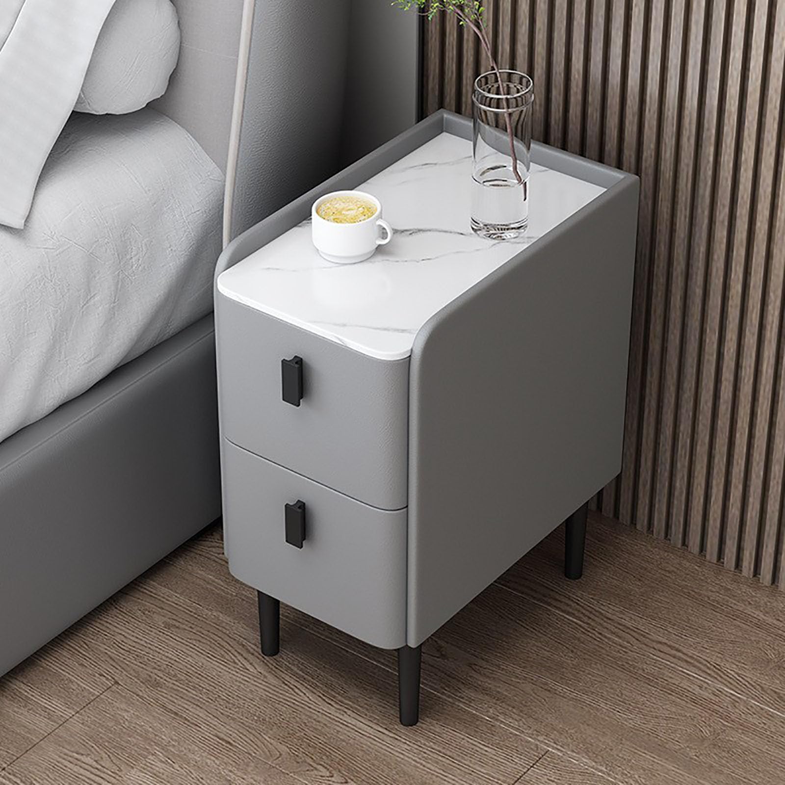 Inteligentny stolik nocny LED ze stacją ładującą i dźwiękiem Bluetooth, wielofunkcyjny drewniany stolik nocny z dwiema szufladami