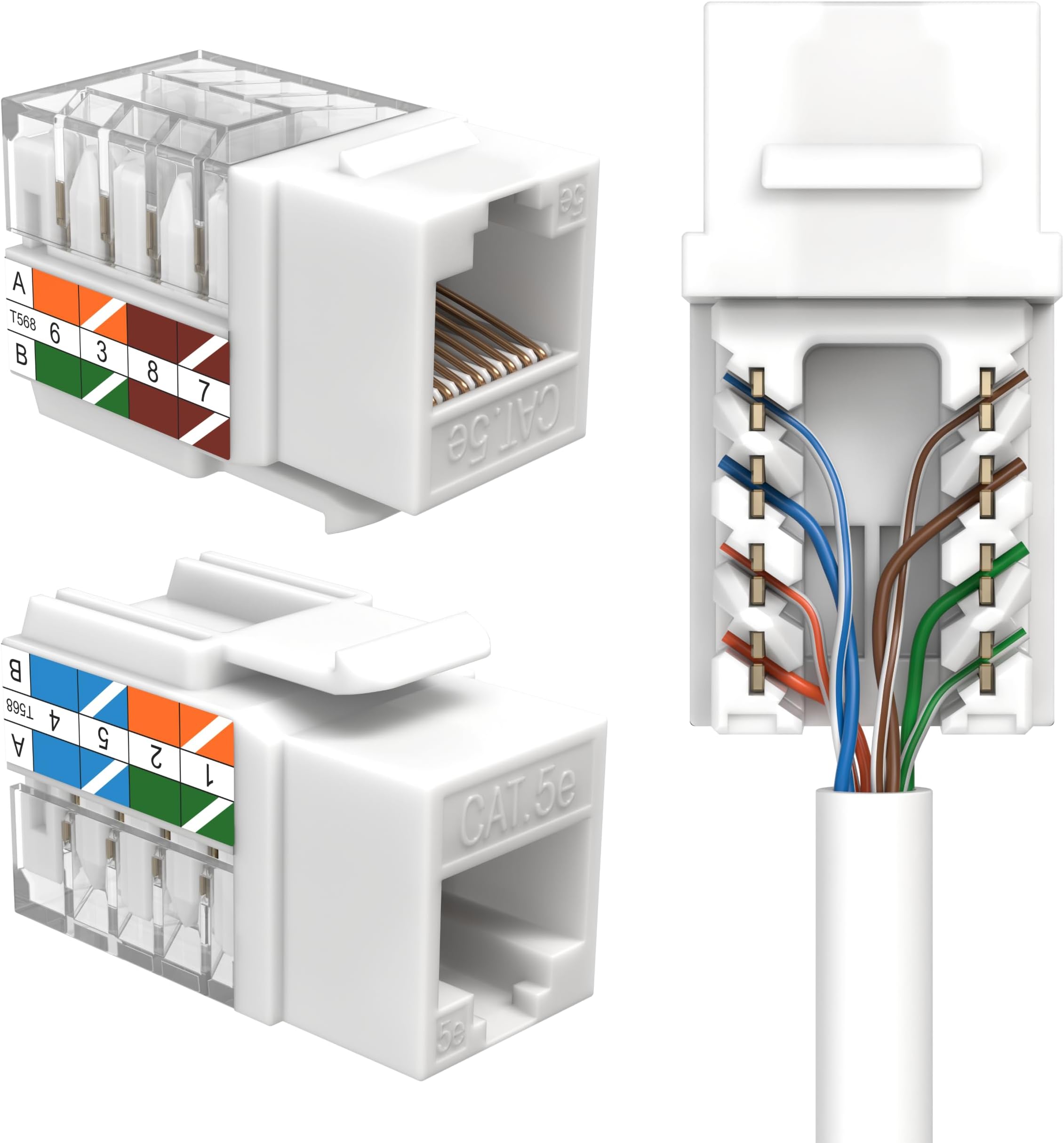 SATMAXIMUM Cat5e Keystone Ethernet Wall Jack Punch Down UTP 45-Degree (Easier Termination Than 90-Degree), RJ45 Slim Profile Speed Termination White 45° Angled (50 Pack)