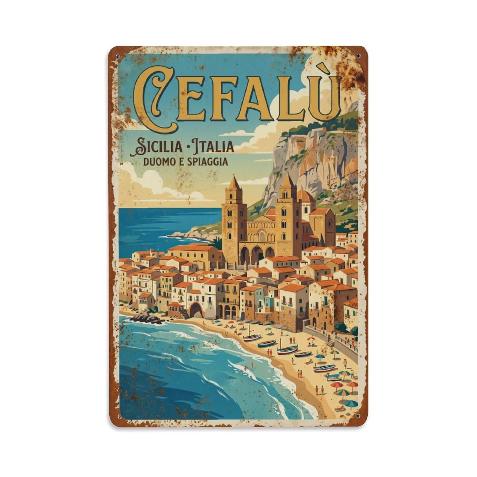 Vintage Travel Cefalù Sicily Italy Metal Tin Sign
