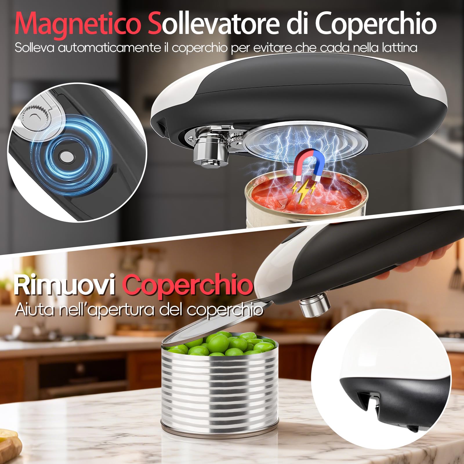 YARRAMATE Apriscatola elettrica ricaricabile – apriporta scatola di conservazione automatica a un tasto, bordo liscio, mani libere per anziani, con borsa portaoggetti, portatile da viaggio campeggio