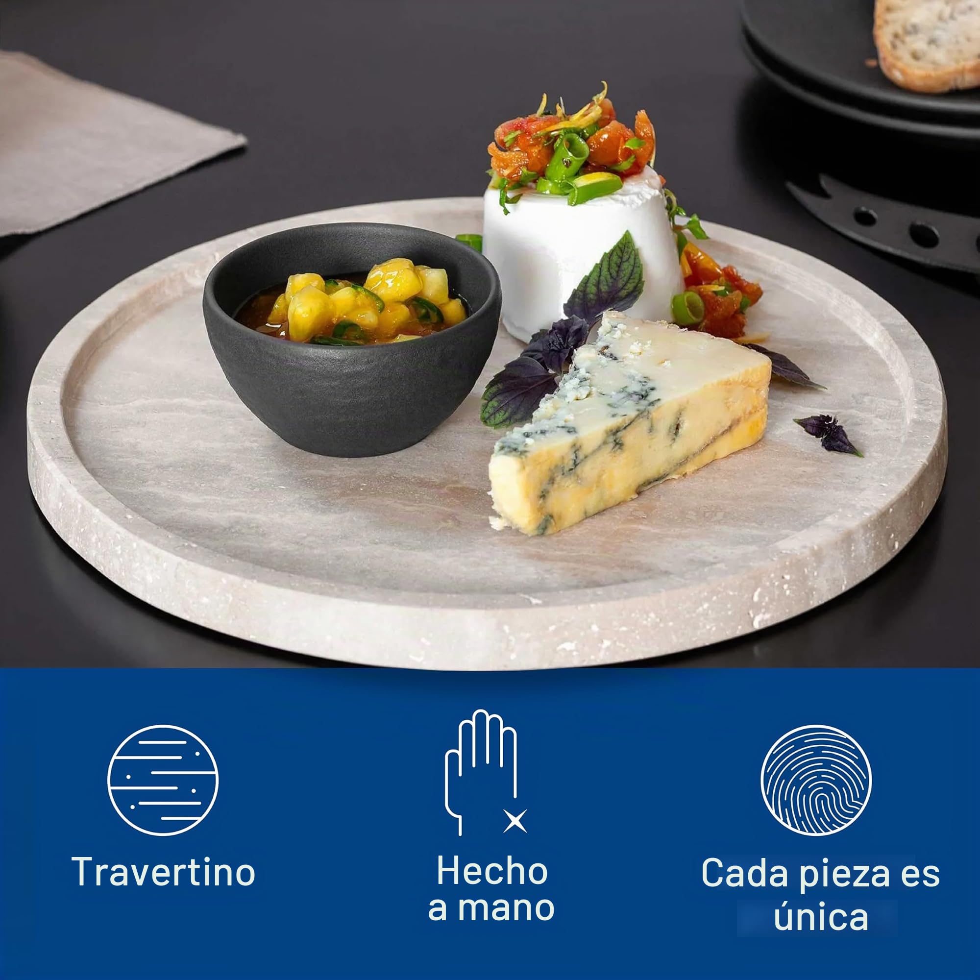 Villeroy & Boch - Manufacture Travertine, plato para servir beis, hecho a mano, diseño elegante de piedra natural en tonos arena, plato de piedra, vajilla de travertino