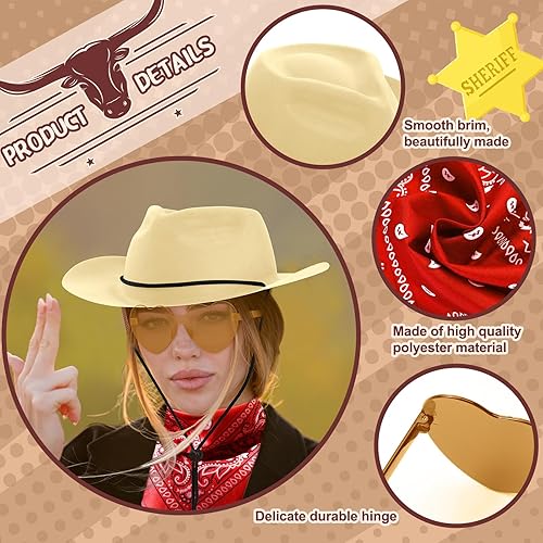 Miniatura 8 de Newcotte El juego de 18 sombreros de plástico de vaquero occidental incluye 6 sombreros, 6 bandanas de cachemira, 6 pares de gafas de corazón para