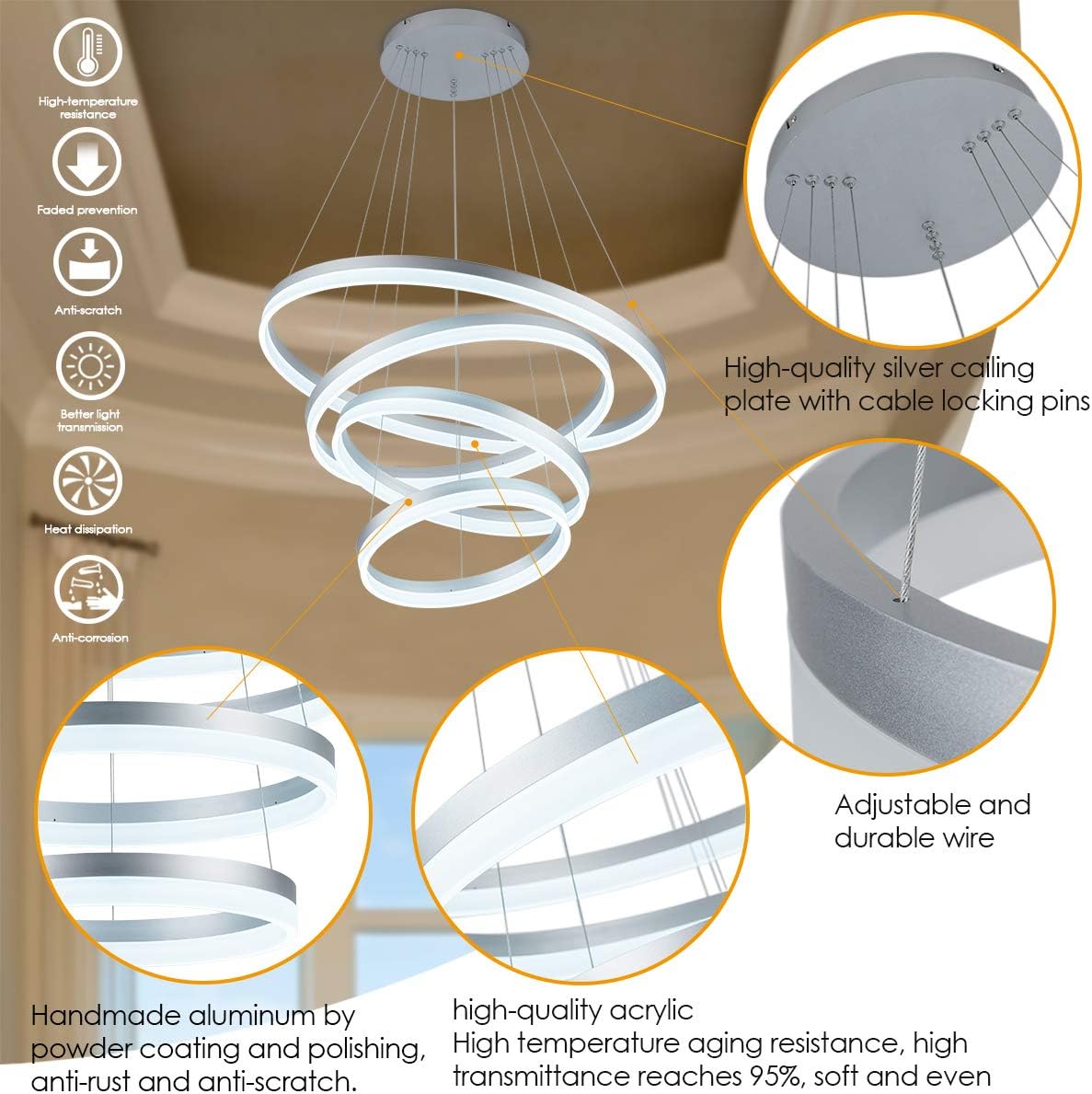 Suреr Dеаl Prоduсt ROYAL PEARL Modern LED Modern Chandelier 4-Rings Circular Pendant Light Flush Mount Pendant Lighting for Living Room Dining Room, Dimmable 6000k, Silver