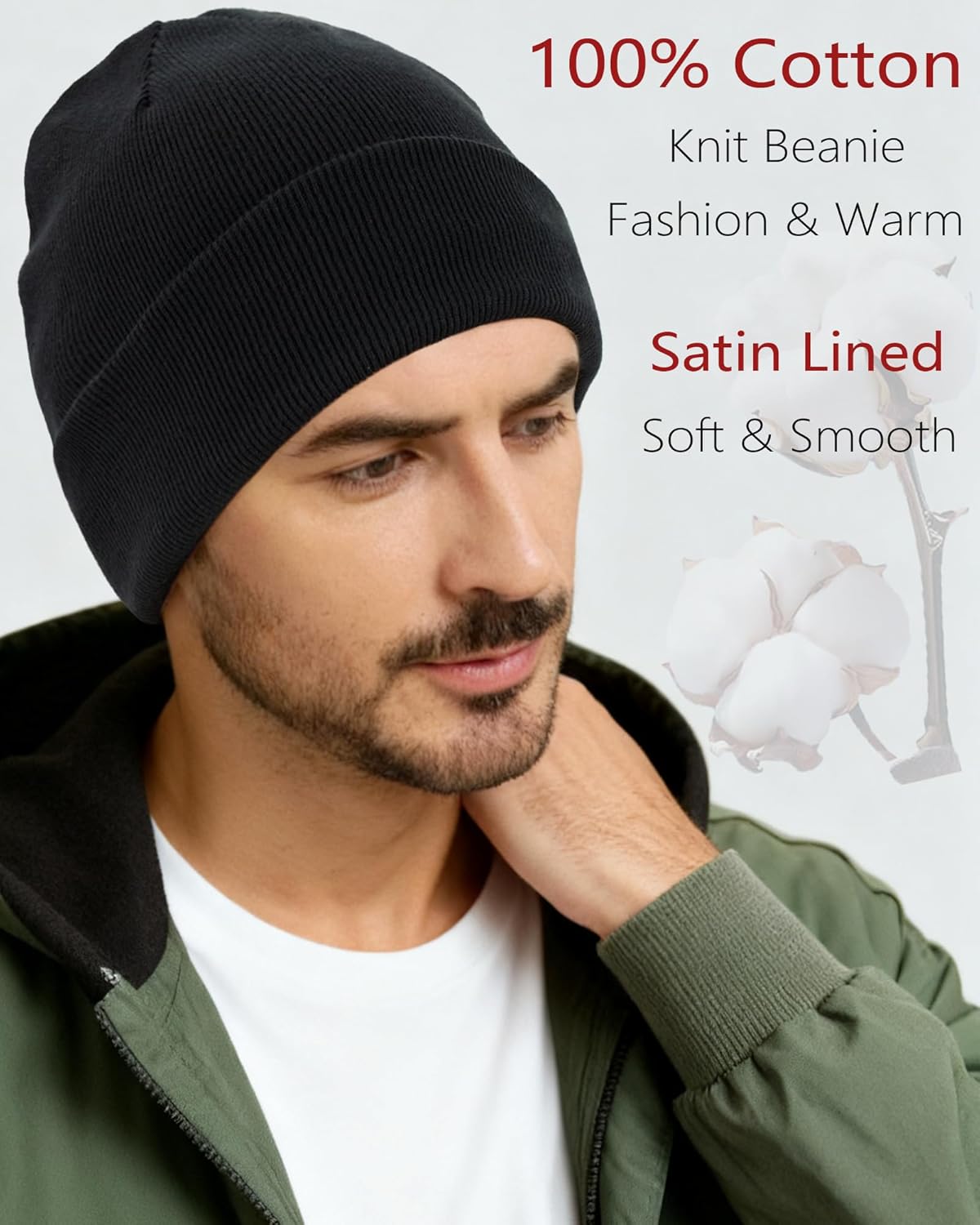 ROYBENS Satin Lined Beanie, 100% Cotton Beanies Hats for Men Women, Slouchy Knit Cuffed Winter Warm Soft Skull Cap Hat - Image 2