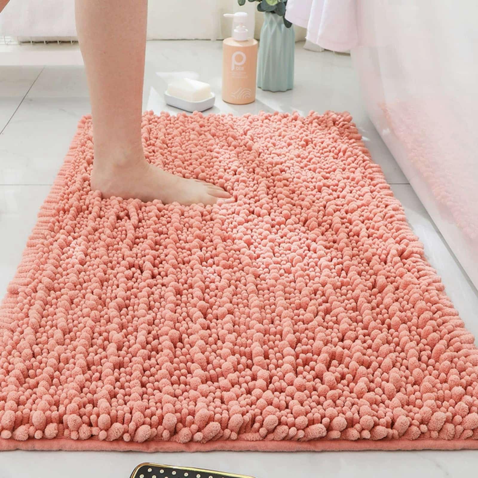 Chickwin Chenille Bath Mat Non Slip, Soft Absorbent Bathroom Mat Fluffy Chenille Bathmats Thick Microfiber Bath Foot Carpet Bathroom Carpet Rugs for Shower Floor (Blush Pink,43x61cm)