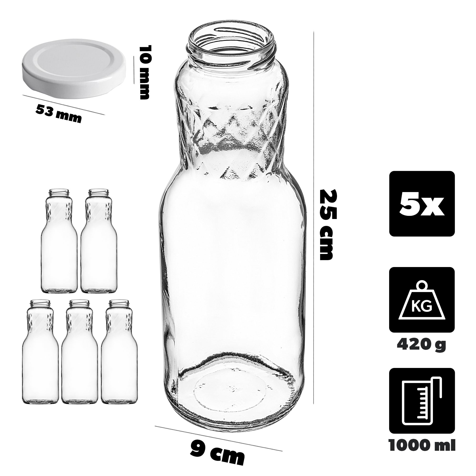 4 glazen flessen 1000 ml sapflessen melkflessen met 8 deksels wit incl. etiketten