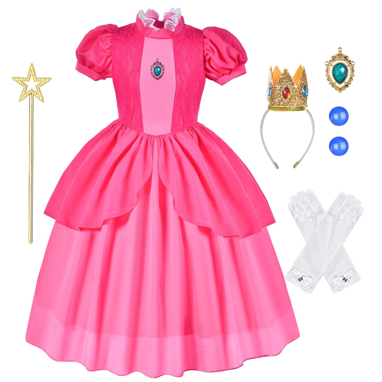 Aomig Prinzessin Kostüm, 6-Teiliges Rosa Kostüm Girls Prinzessinnenkostüm mit Krone, Ohrringen, Handschuhen, Brosche und Zauberstab, Geeignet für Princess Showtime an Halloween Geburtstag Party