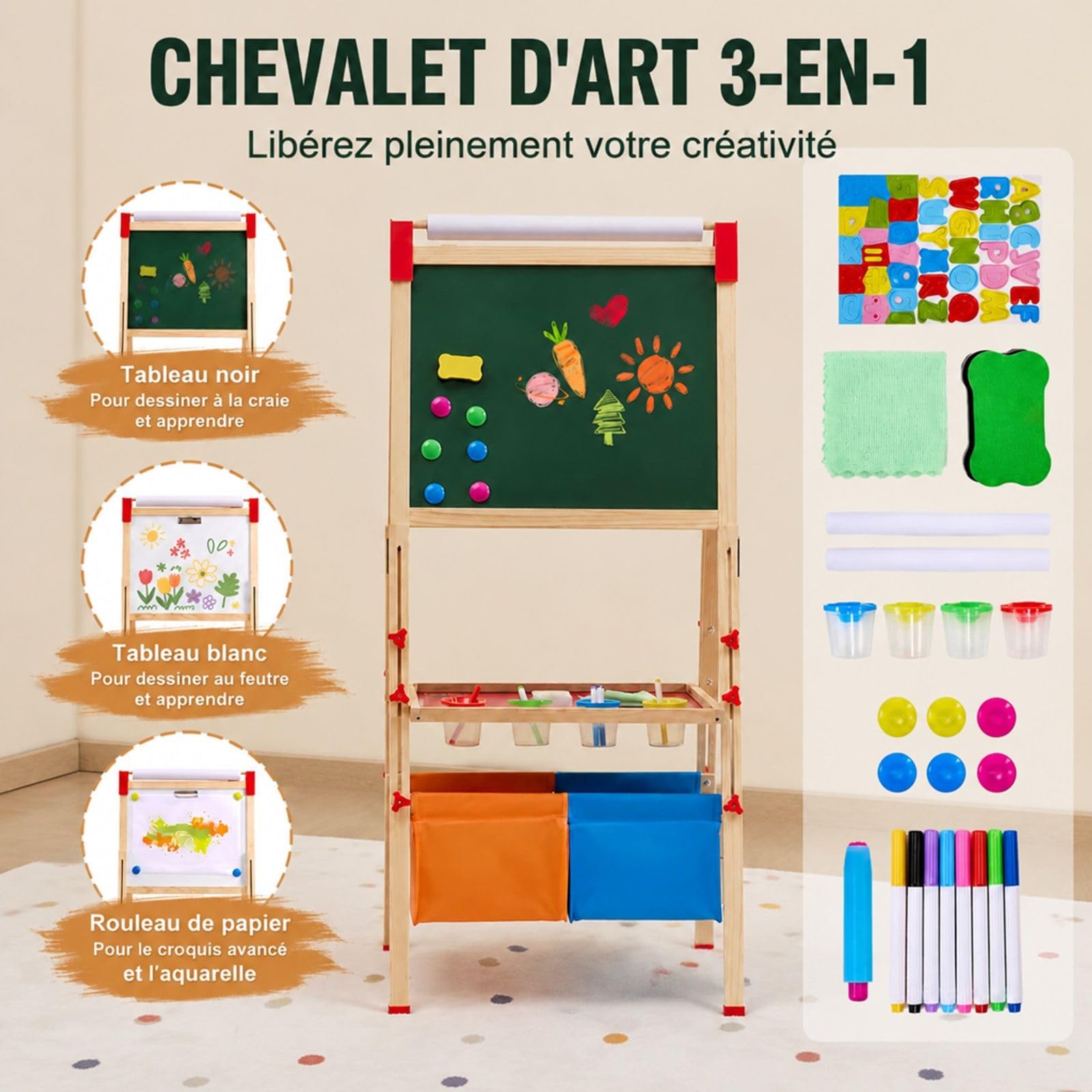 Chevalet d'art en bois double face avec tableau blanc magnétique et tableau noir, hauteur réglable, pour dessin et écriture