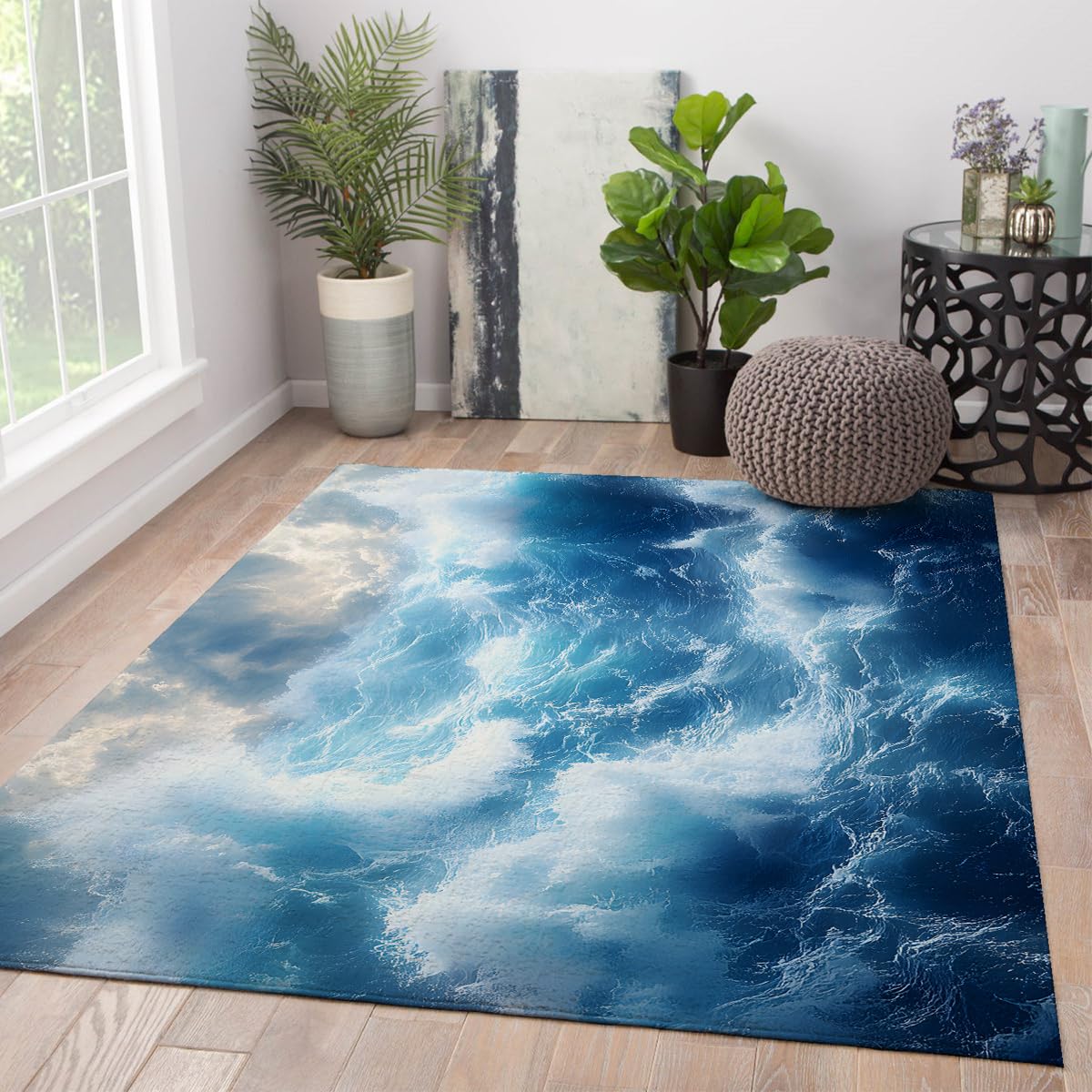 Tapis lavables 140x180cm bleu ocean waves pour salon et chambre