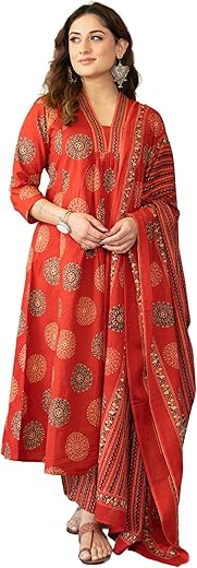 Arayna Women’s Pure Cotton Intricate Block Printed Ethnic Wear Kurta Set with Palazzo & Dupatta