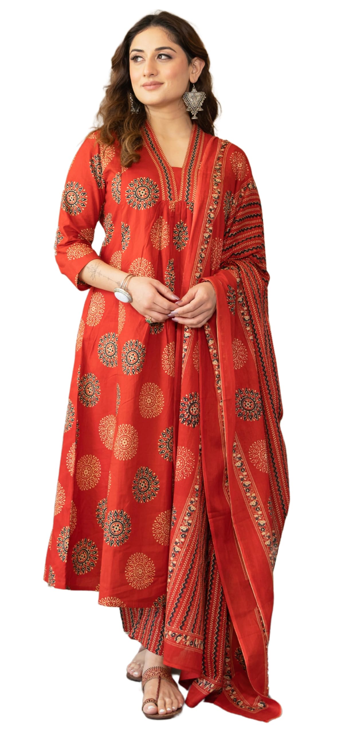 arayna Women's Pure Cotton Intricate Block Printed Ethnic Wear Kurta Set with Palazzo & Dupatta-picture-38
