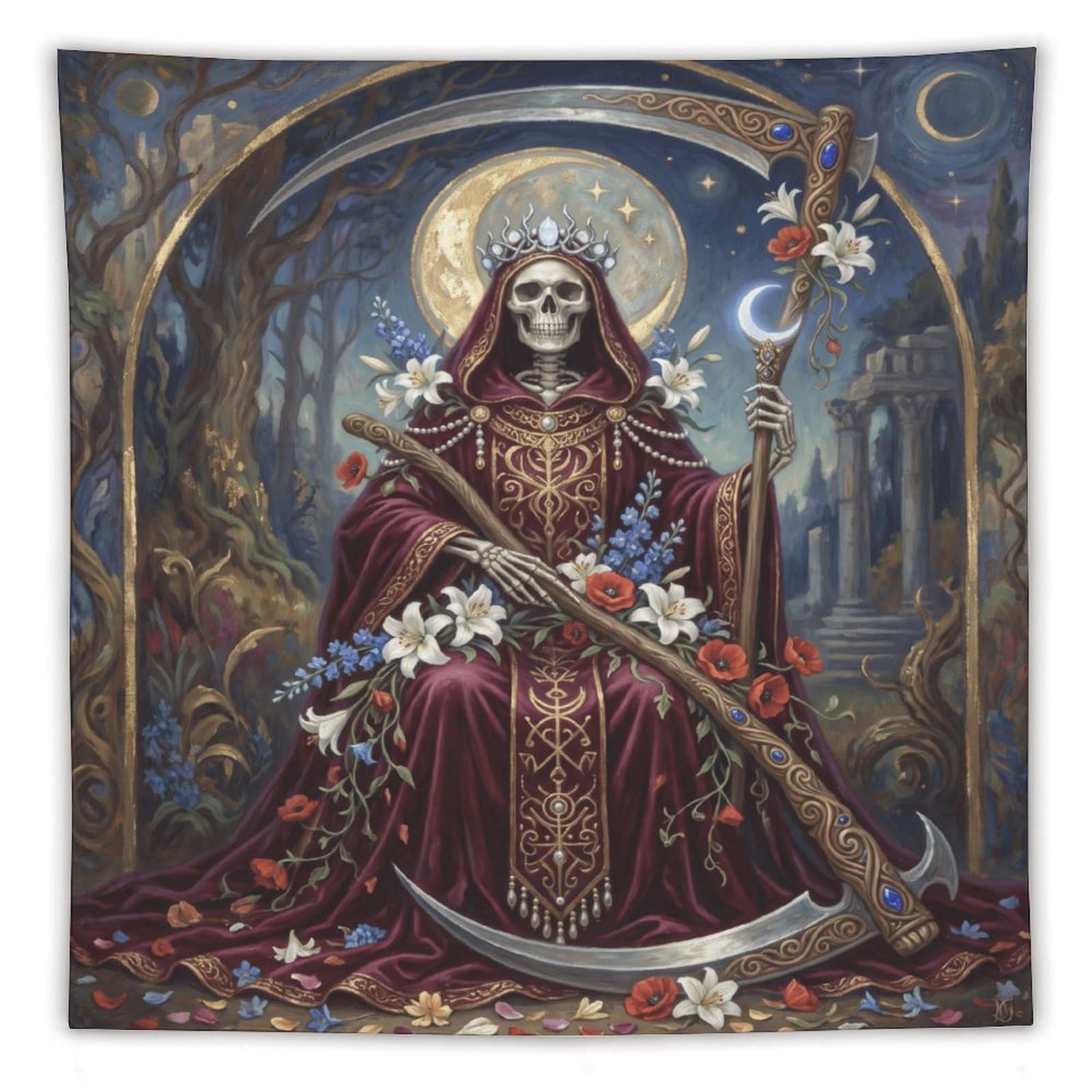 H3B8U2Y5 Floral Grim Reaper Wall Tapestry, Dark Fantasy Illustration Style