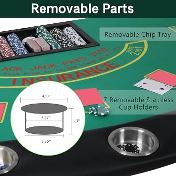 7 Player Blackjack Table with Folding Legs 71'' Casino Game Table Removable Metal Cup Holder Green Felt