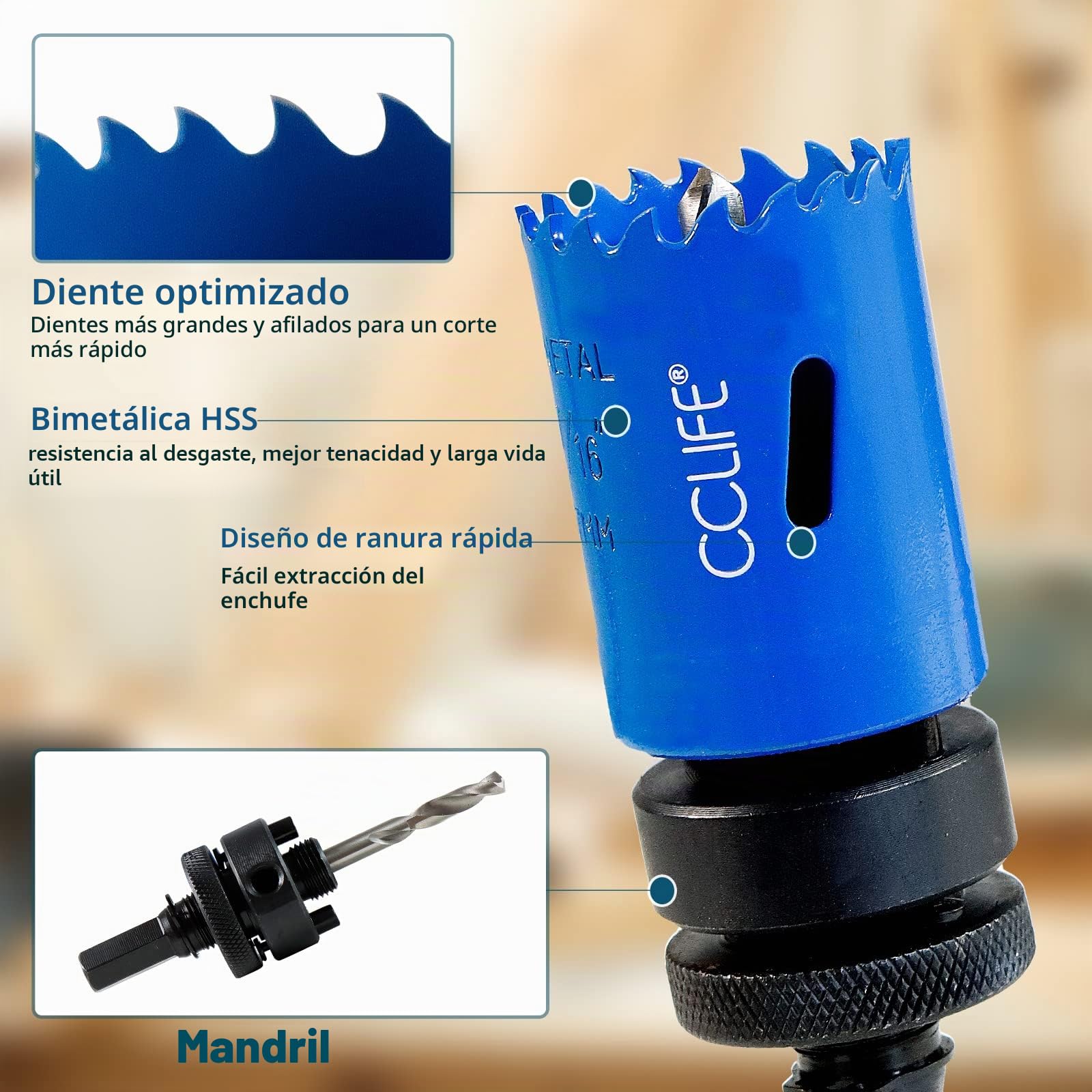 CCLIFE Juego de sierra perforadora bimetálica, 8 piezas, bimetal M3 HSS-CO, diámetro de 22 – 64 mm, profundidad de corte 38 mm, para taladrar acero inoxidable, metal ligero, madera, PVC, plástico, etc