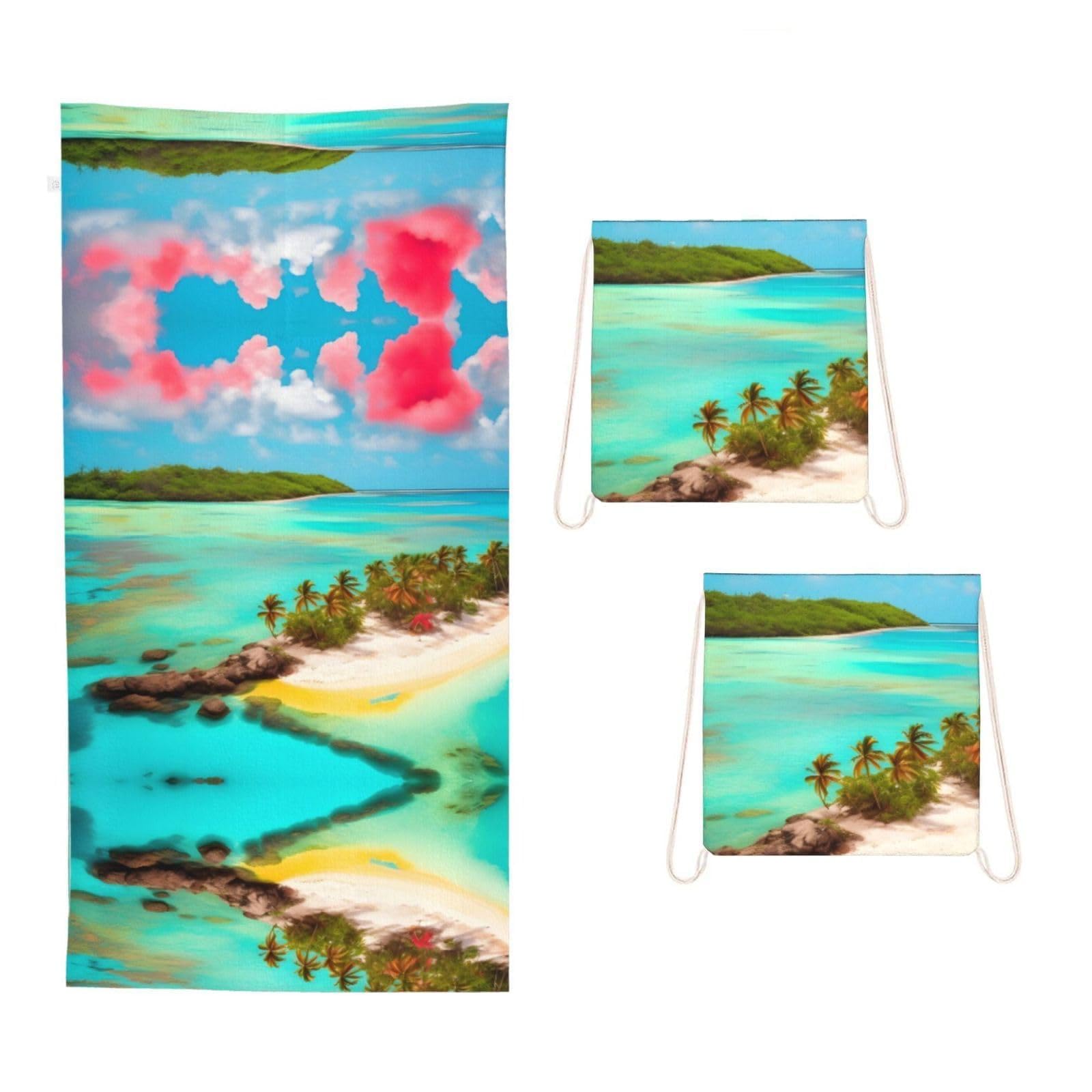 CNTDBU Caribbean Scenery 2 in 1 Packable Towel Bag-Large Beach Towel with Stuff Sack, Super Absorbent Microfiber Travel Towel for Pool