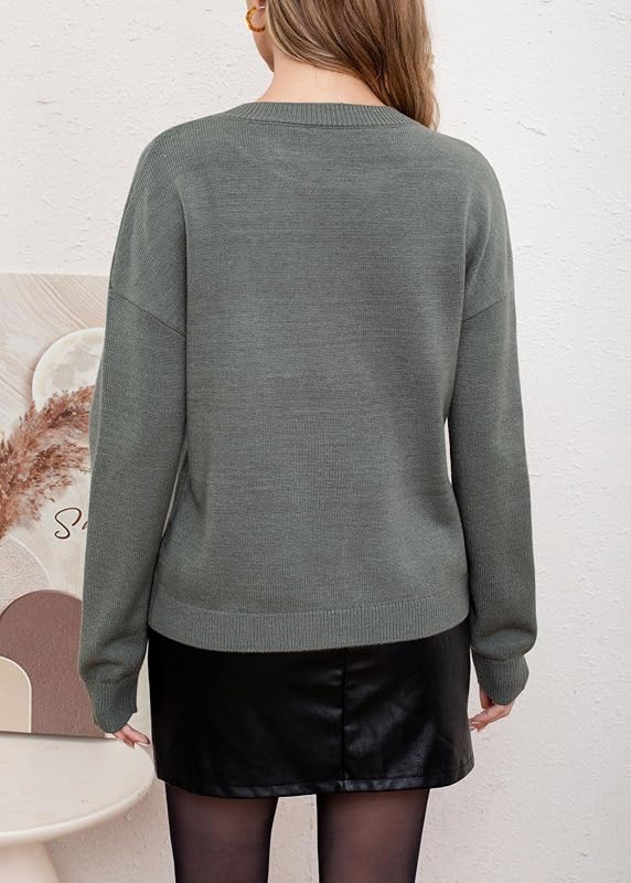 CHARTOU Women Fashion Crew Neck Rib Knit Crucian Carp Graphic Oversized Y2k Pullover Sweater Jumper (Small, Dark Green) image 7
