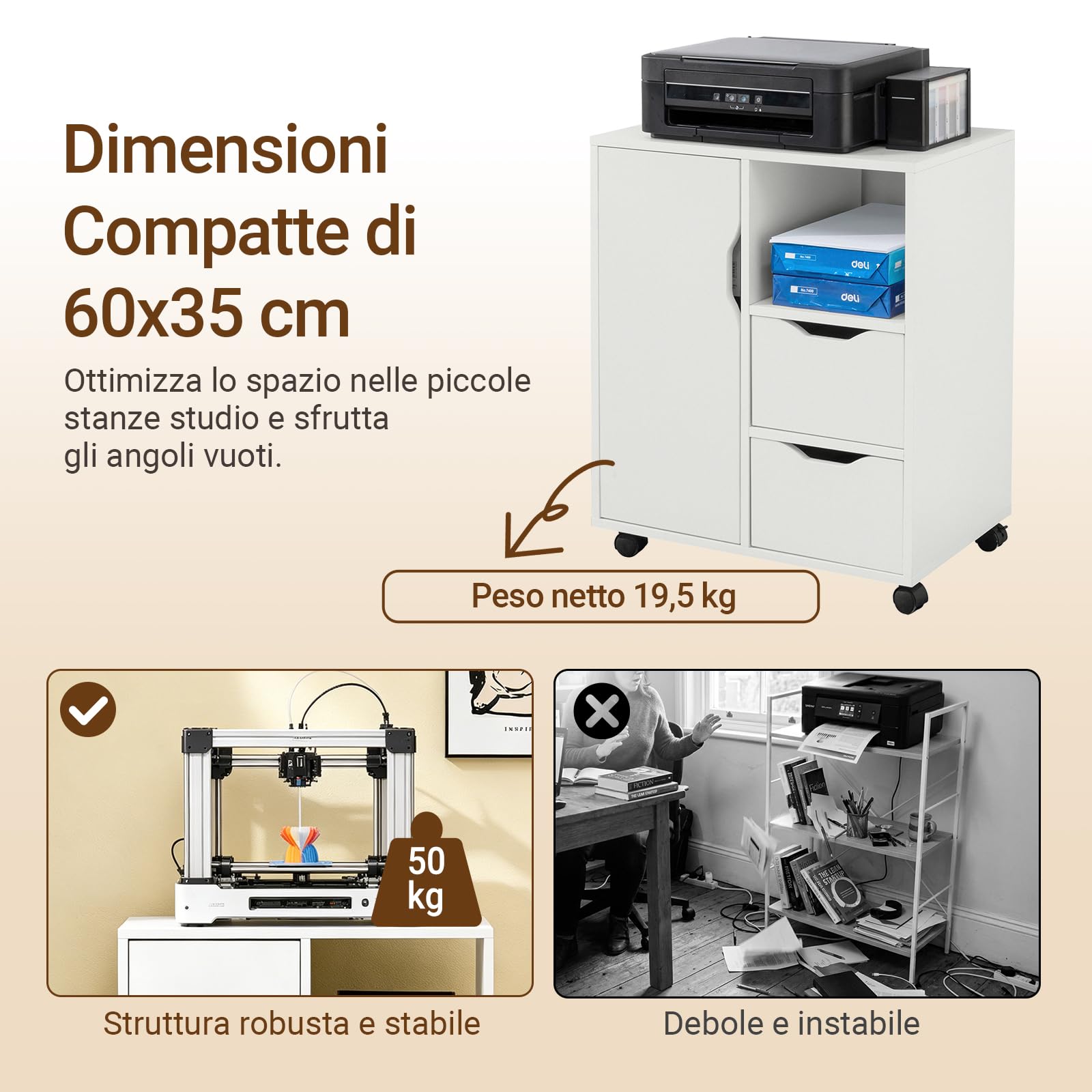 SoBuy Cassettiera da Scrivania Ufficio su Ruote Cassettiera Ufficio con 2 Cassetti, 1 Anta e 1 Ripiano Aperto Carrello Tavolino Comodino Piccolo Comodino Bianco L60xP35xA70cm FBT105-W