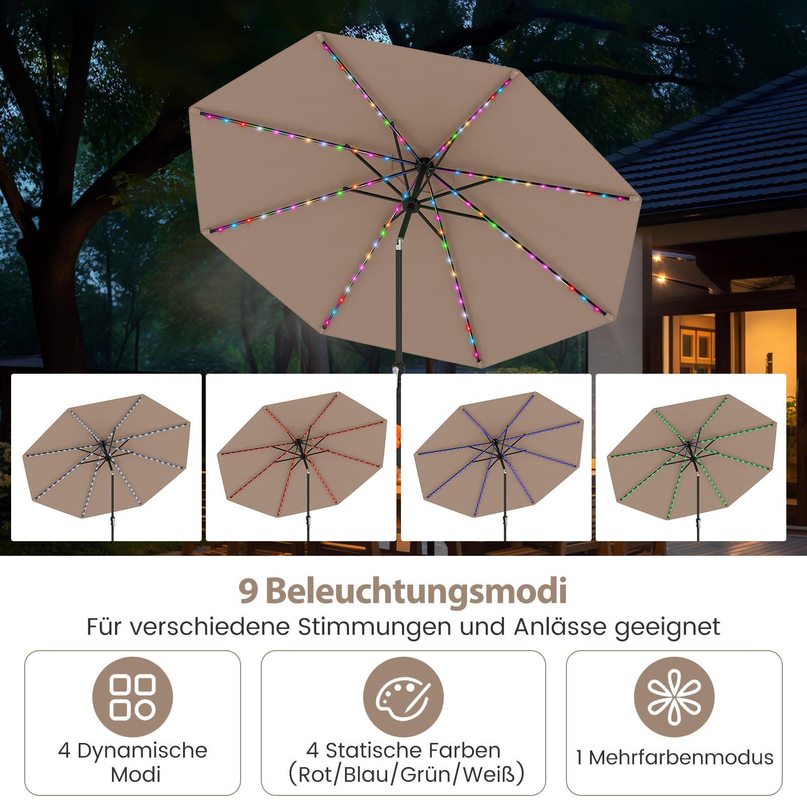 COSTWAY Parasol przeciwsłoneczny 300 cm z oświetleniem solarnym LED, 9 trybów oświetlenia, parasol ogrodowy z korbą, obustronnie zginany o 35°, parasol tarasowy, do ogrodu, na balkon, taras