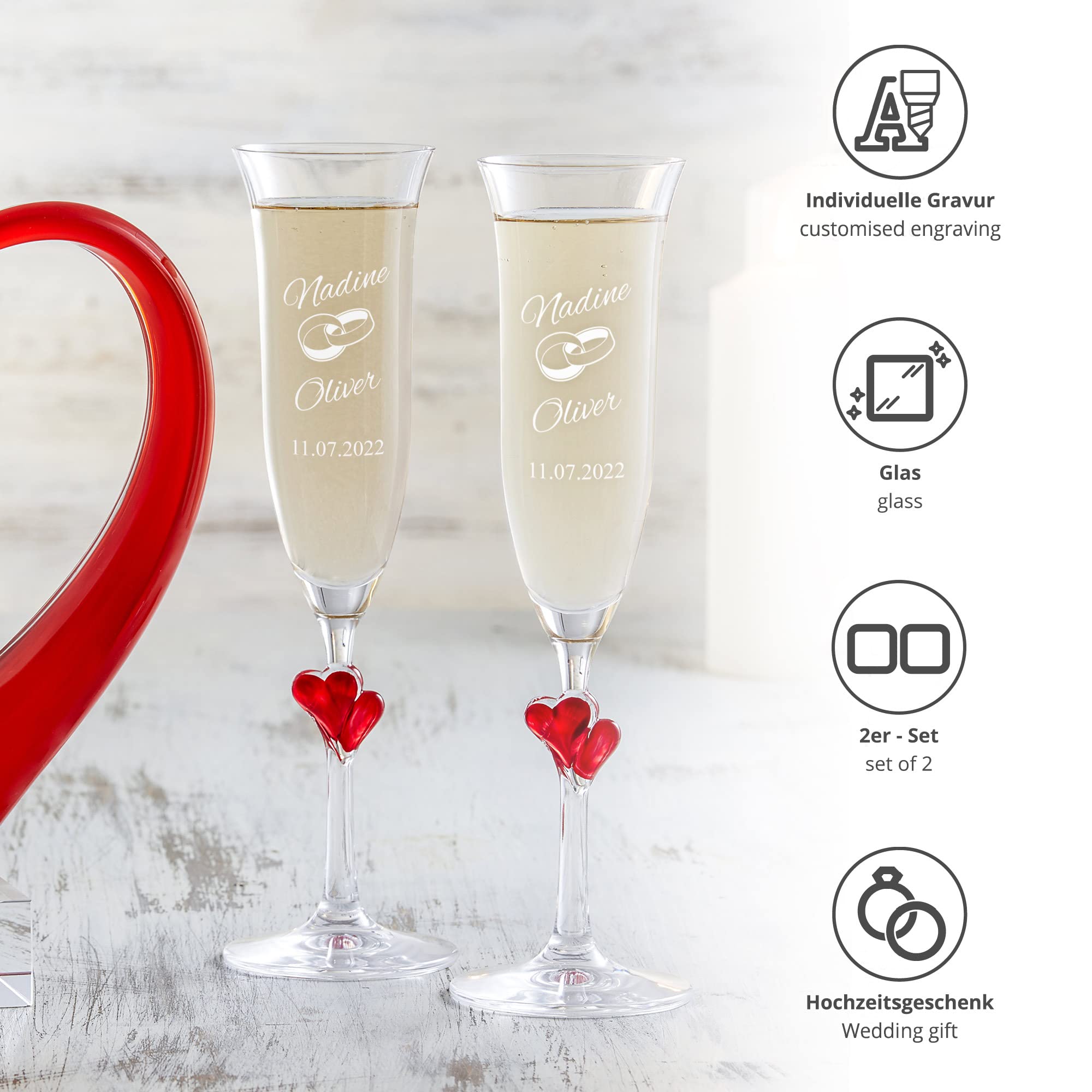 AMAVEL Copas de Champán de Vidrio con Grabado Personalizado y Corazones Rojos Set para Boda Motivo Anillos Altura 24,2 cm