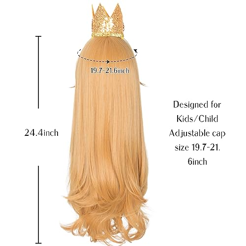 Miniatura 3 de Miss U Hair - Peluca de princesa para niños, peluca larga ondulada dorada con corona y aretes, peluca de fiesta de cosplay