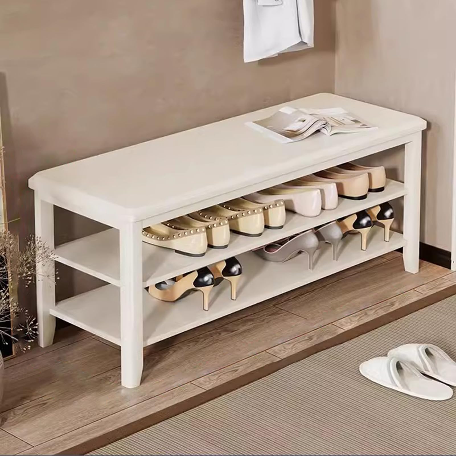 MSHGSKU 3Tier Wooden Shoe Bench White Entryway Storage Seat Stylish Shoe Rack for Hallway Versatile Hall Furniture SpaceSaving Organizer for Entryway