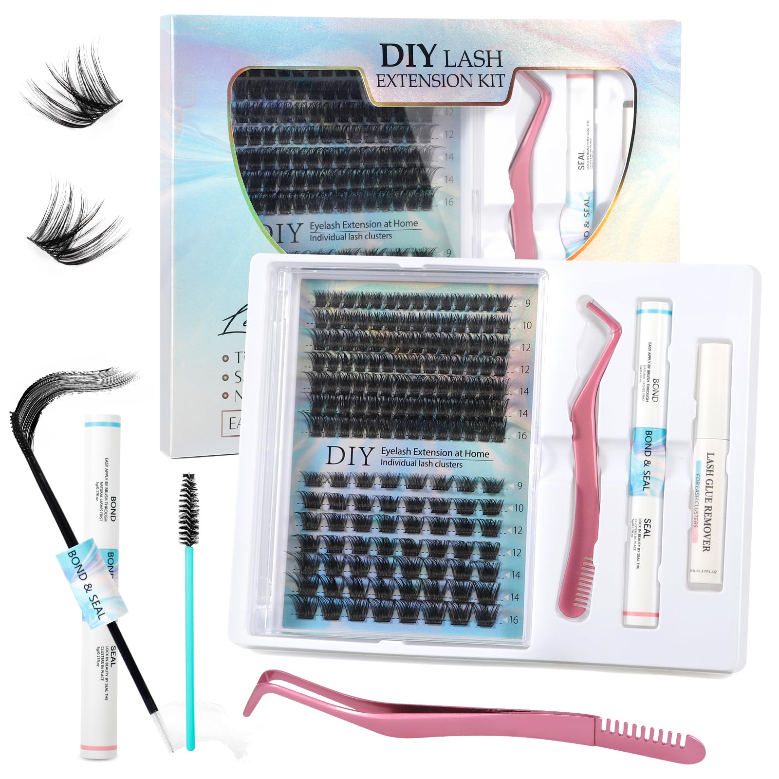 JAMATA Kit Pestañas Pelo a Pelo,Pestañas Postizas 154 Piezas,Kit de Extensión de Pestañas con Pinzas,Lash Bond and Seal Remover,Kit de Pestañas Individuales Suaves, Naturales para Diy en Casa(9-16mm)