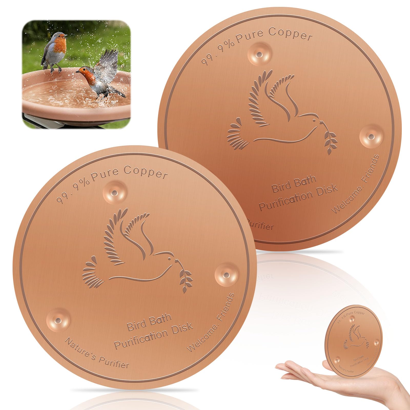 2 Pcs Bird Bath Copper Discs, 10cm Natural Copper Water Purification Discs with Triple Point Support for Outdoor Birdbaths & Bowls, Fountains, Keeps Water Clean & Fresh(Classic Copper)