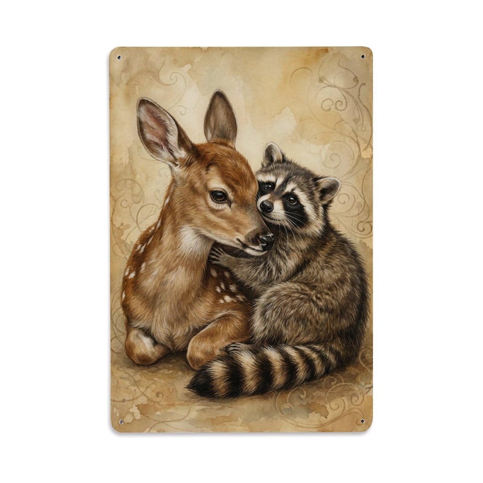 Metal Tin Sign Vintage Animal Cute Fawn & Raccoon Animal Friendship