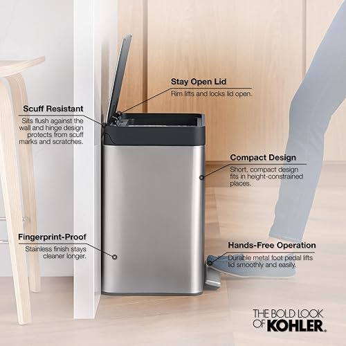 Miniatura 6 de KOHLER Bote de cocina compacto manos libres de 8 galones, basurero con pedal de pie, tapa de cierre silencioso, acero inoxidable, K-20942-ST