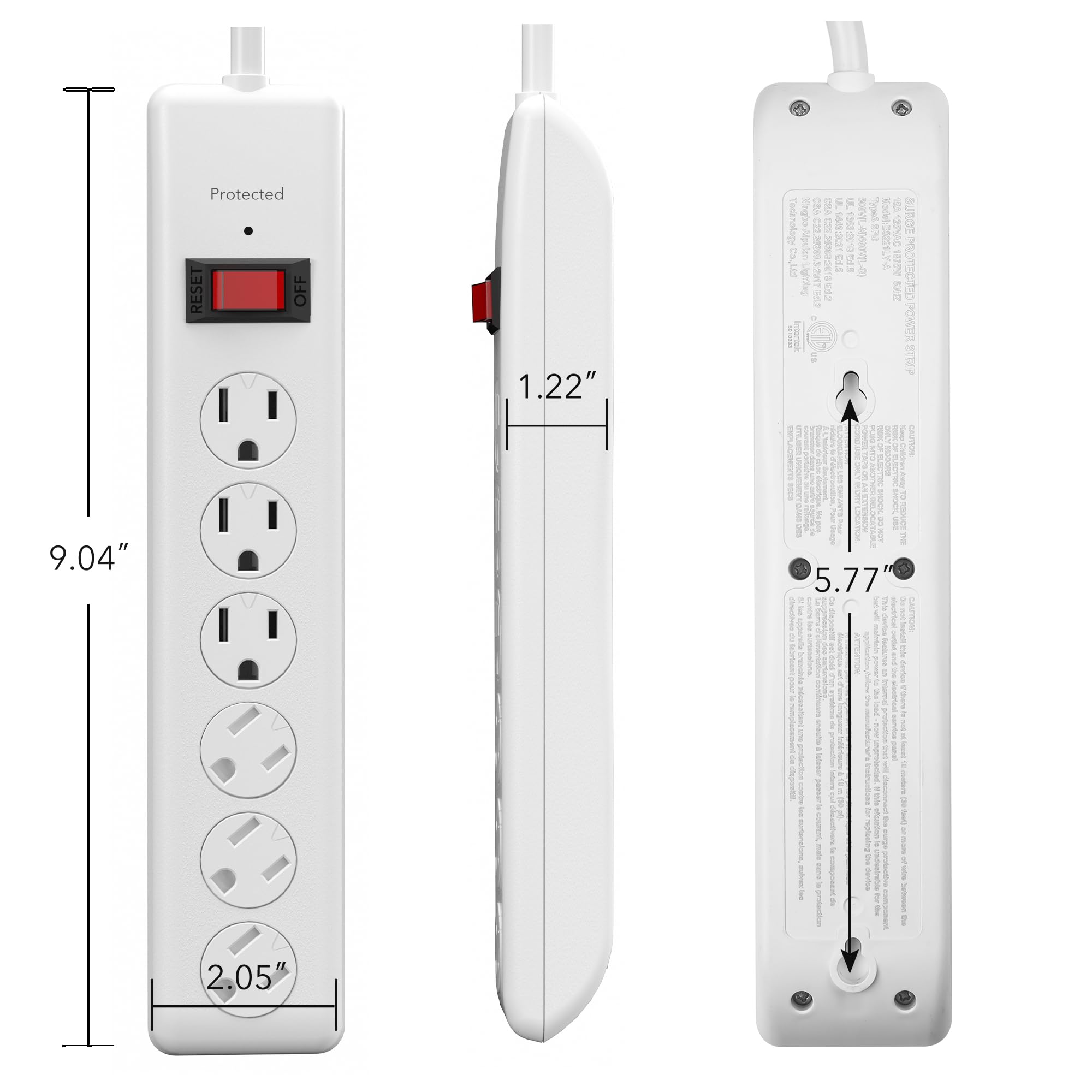 BN-LINK - Protección contra sobretensiones de 6 enchufes, 1 paquete, cable de extensión de 4 pies, 600 julios, tapas de seguridad giratorias para cerrar, enchufe plano de 90 grados, protección contra