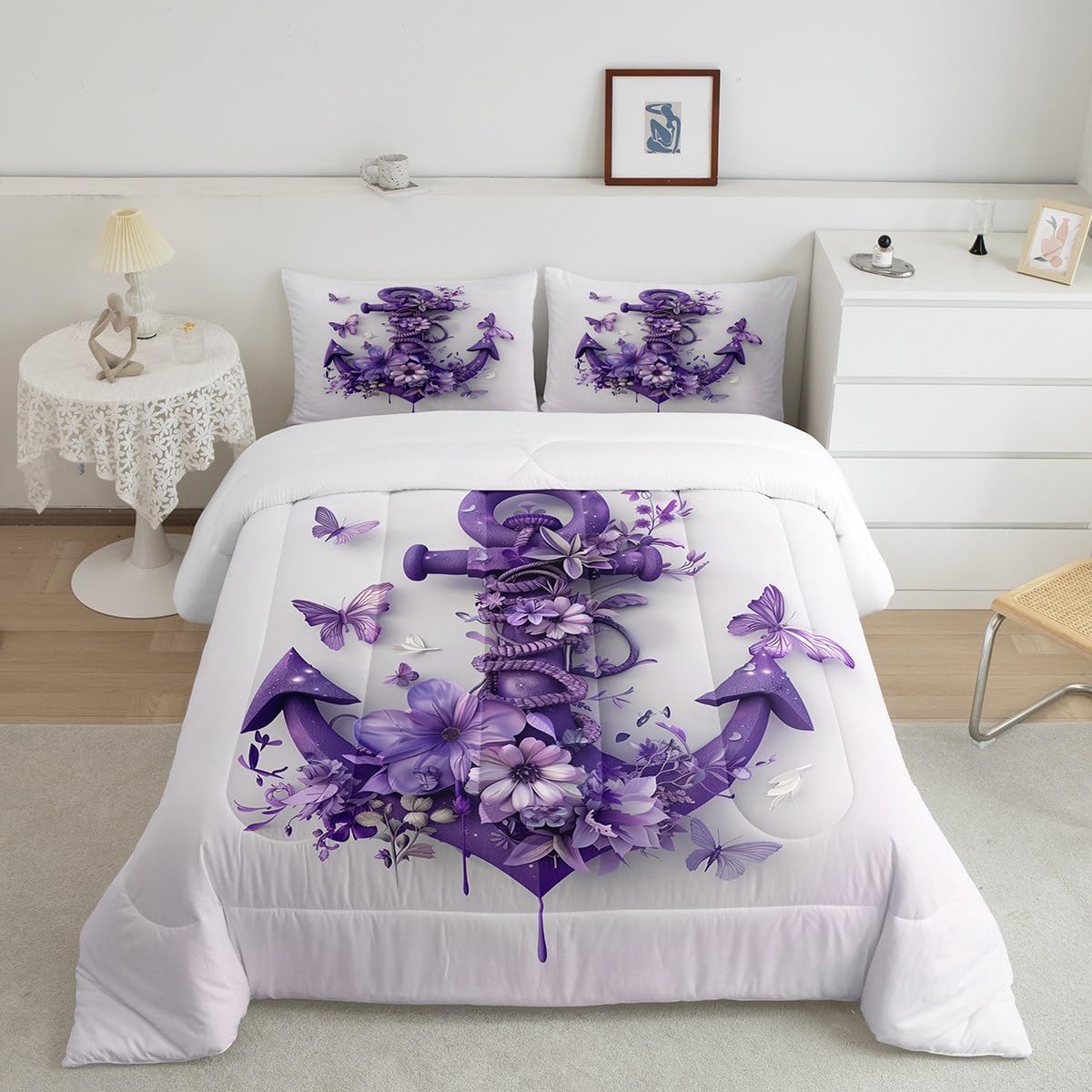 Erosebridal Purple Anchor Girls Toddler Bedding Set Ocean Nautical Comforter Set Watercolor Butterfly Flowers Bedding Comforter Sets for Kids Teen Adults,Retro Anchor Rustic Style Quilt Duvet 2 Pcs