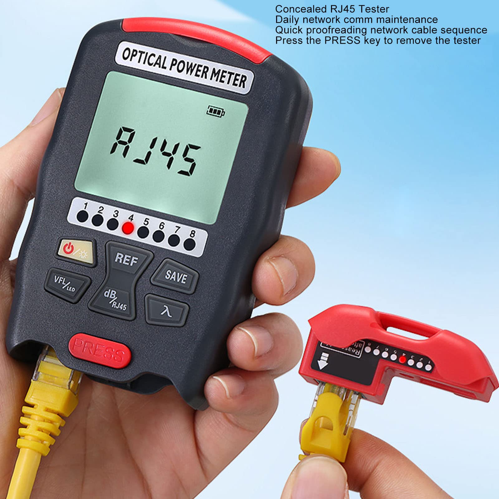 Probador de Potencia óptica 3 en 1, Probador de Cable de Fibra óptica, Medidor de Potencia de Fibra óptica Localizador Visual de Fallas de 15 KM Probador de Red RJ45 con Luz LED (-70 a +10dBm)
