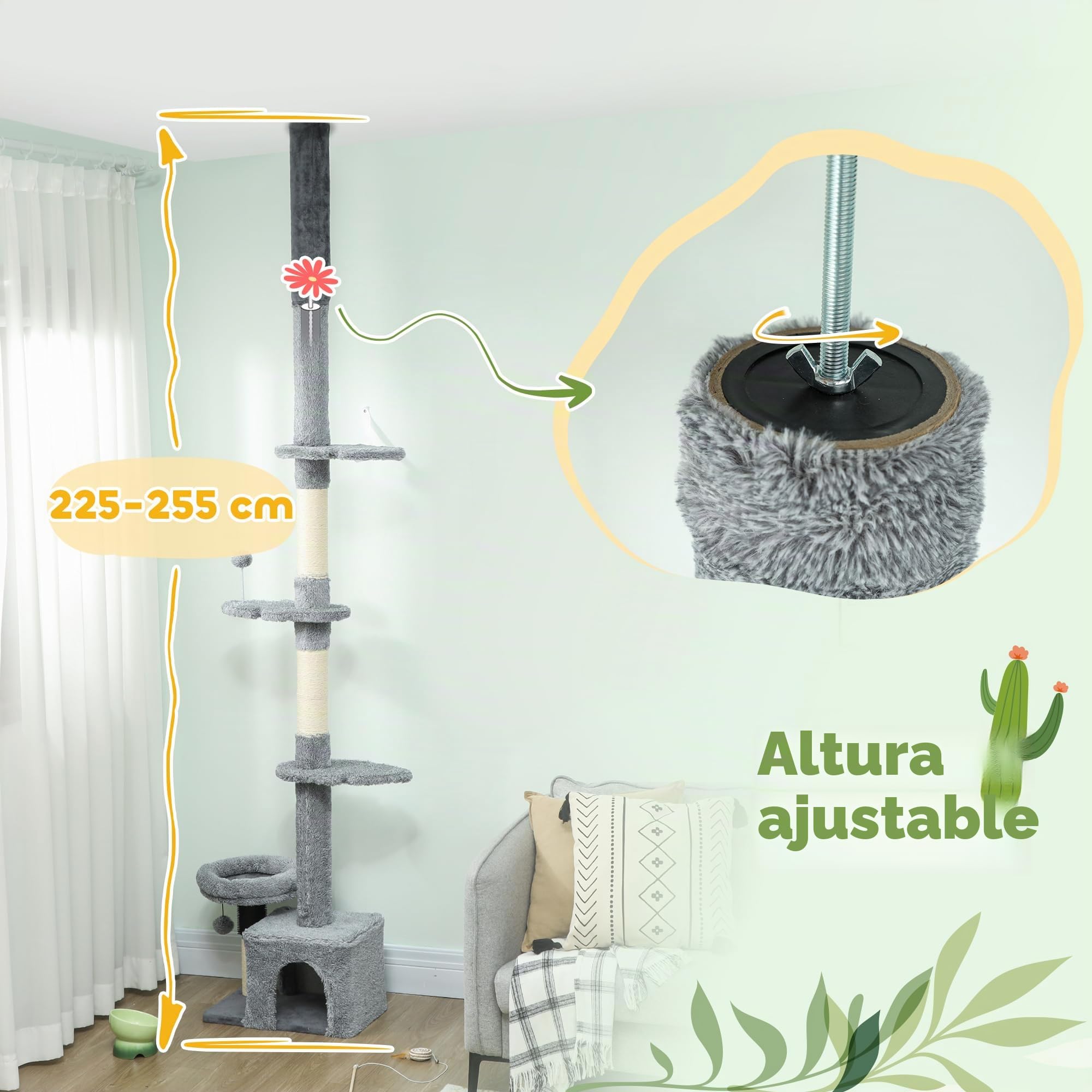 PawHut Árbol para Gatos de Suelo a Techo, multinivel, Torre para Gatos Regulable en Altura 225-255 cm, con Postes rascadores de sisal, caseta, Cama y Pelota Colgante, Revestimiento de Felpa, Gris | Varios niveles, Postes Sisal, Nicho, Cama, Pelota colgant