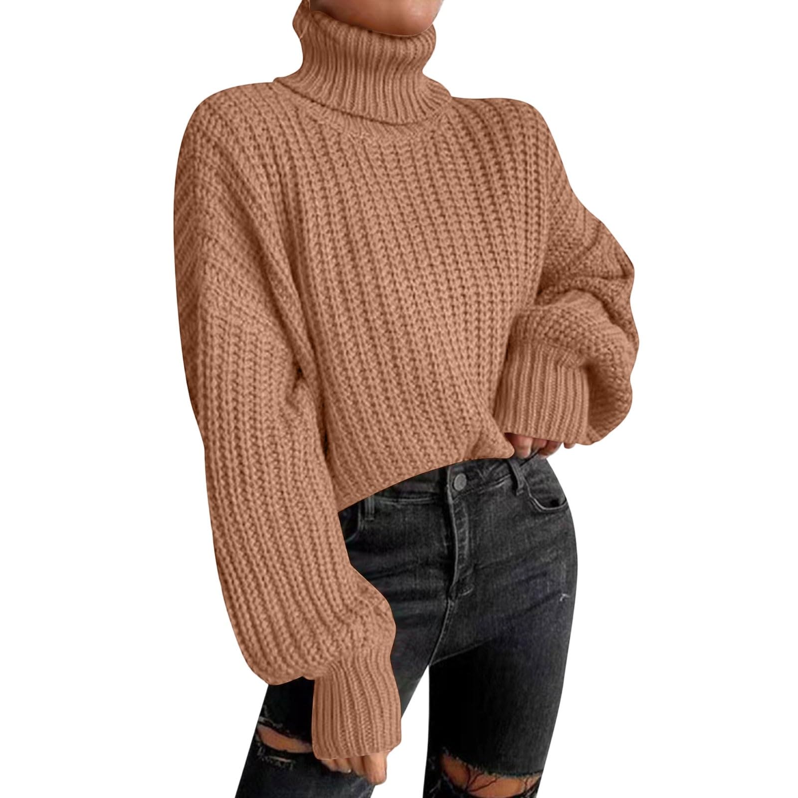 Womens Fashion Knitted Cropped Turtleneck Sweater