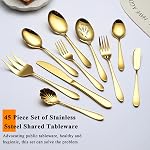 Evanda Gold Cutlery Set 45 Piece Service for 8, Titanium Golden Plating Stainless Steel Silverware Set, Include Knives Forks Spoons Set and Serving Set, Great for Home and Wedding