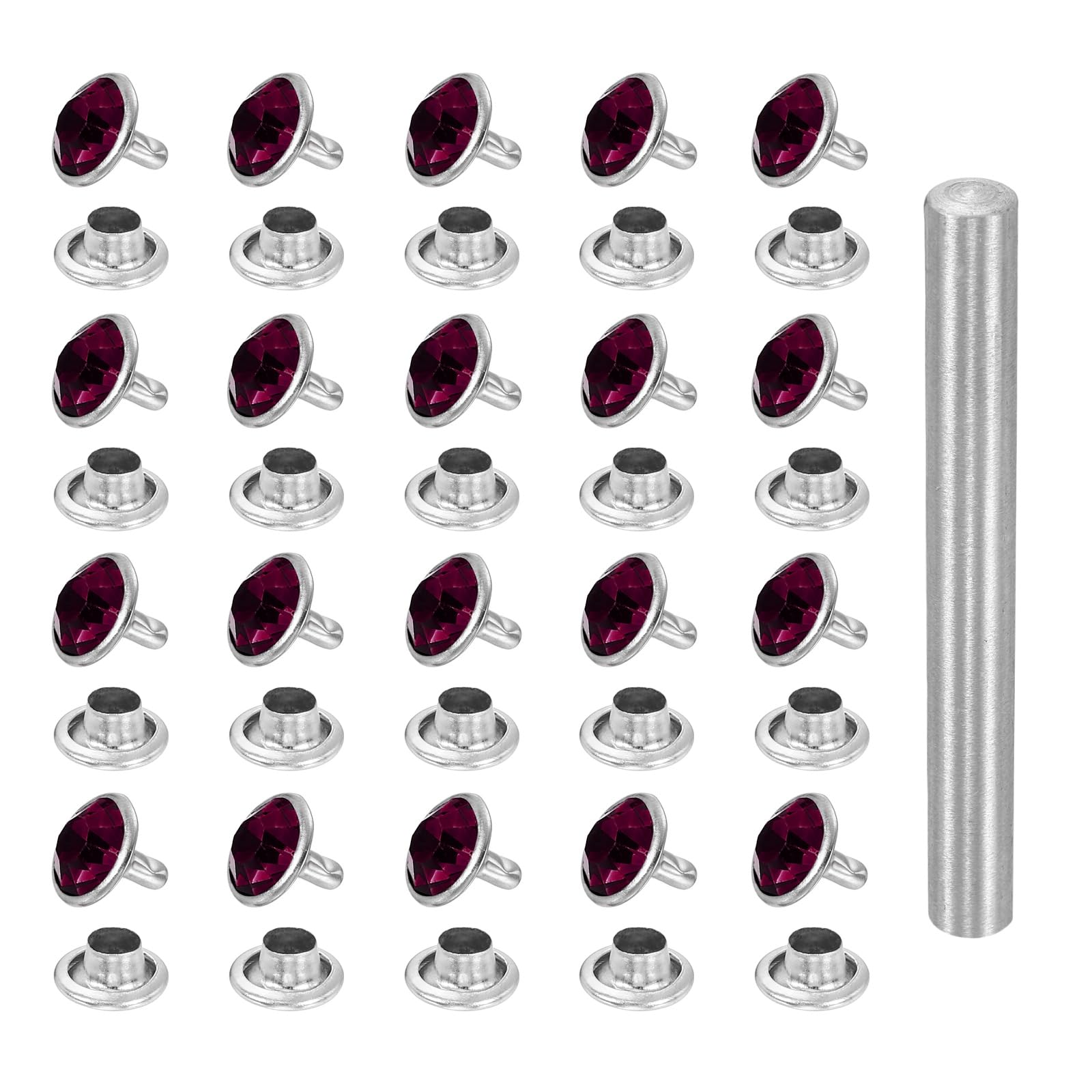 sourcing map 100pcs Crystal Rivets 10mm Rhinestone Rapid Stud Rivets with Steel Installation Tool for Clothing Leather Fabric Arts Crafts Decoration Leathercraft DIY, Silver Purple