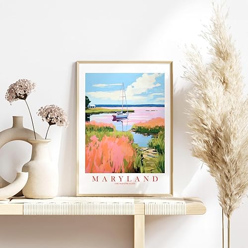 Miniatura 6 de ColorAndFlair Maryland Travel Print Old Line State Souvenir Chesapeake Bay MD Wall Art Pink Orange Blue Retro Poster Landscape Painting (11x14