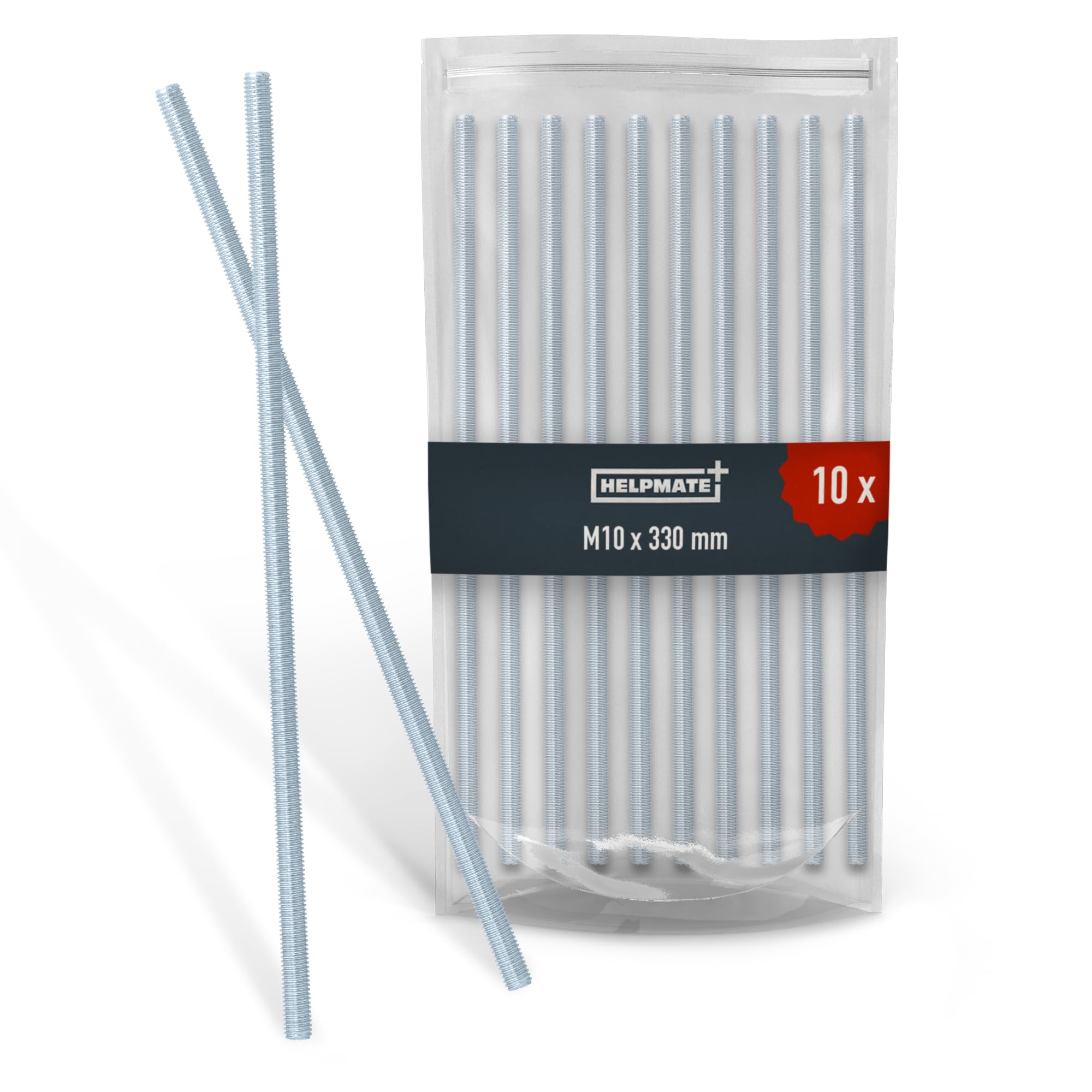 HELPMATE – Tige filetée M10x330 mm en acier zingué – 10 pièces – tige filetée à pas métrique et filetage complet argenté – résistance casse 4.8 – DIN 976