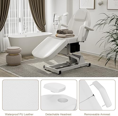 Miniatura 5 de Cama de spa totalmente eléctrica blanca Silla de tatuaje Mesa facial 3 motores con bolsillo de almacenamiento, respaldo de 21 a 28 pulgadas de