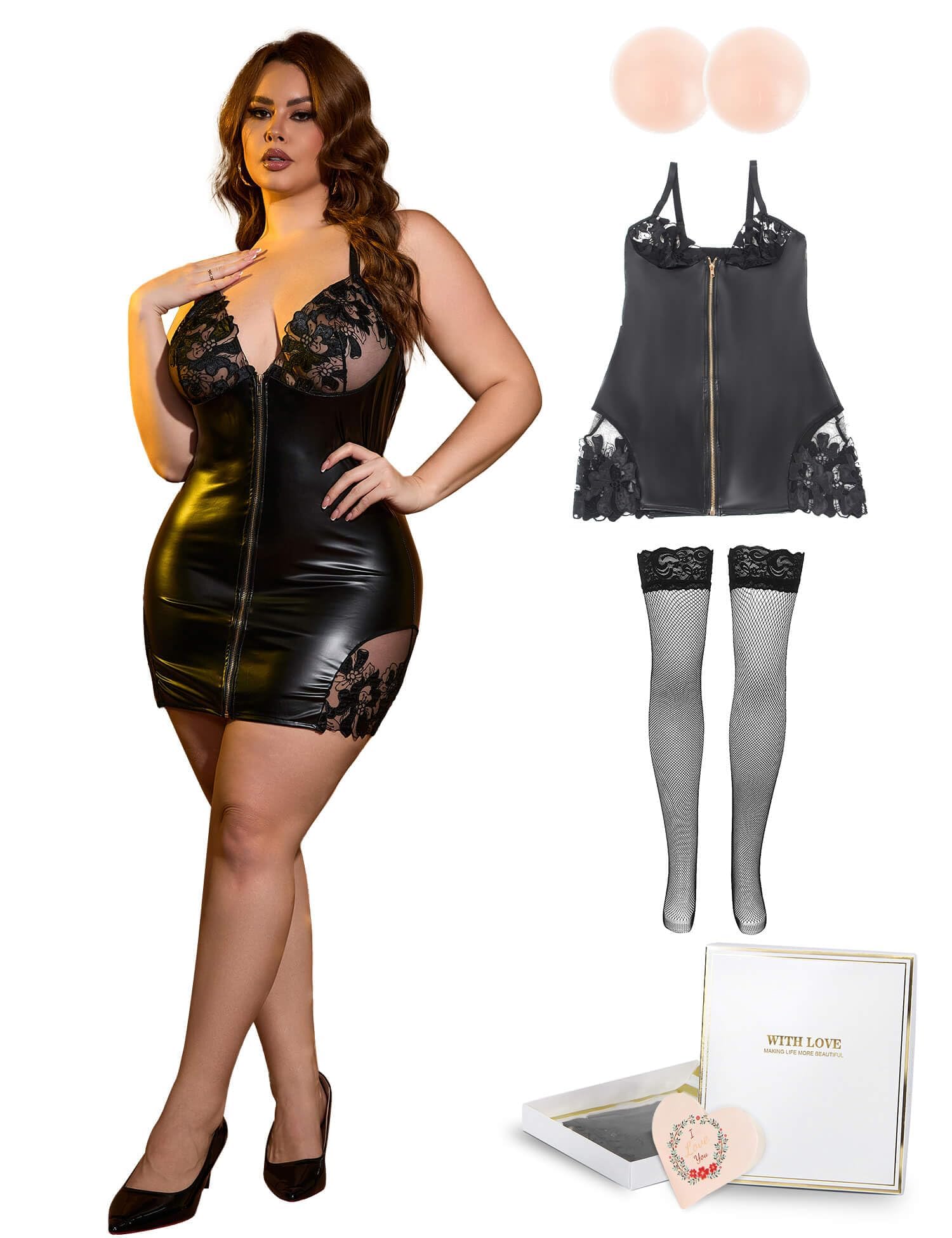 ohyeahlady Robe Sexy Femme Hot Simili Cuir Mini Robe Grande Taille | Robe Moulante Courte DéColleté,Club Libertine,Buste Dentelle,Dos Nu,Soirée,Deguisement Cosplay, Avec Fermeture éclair