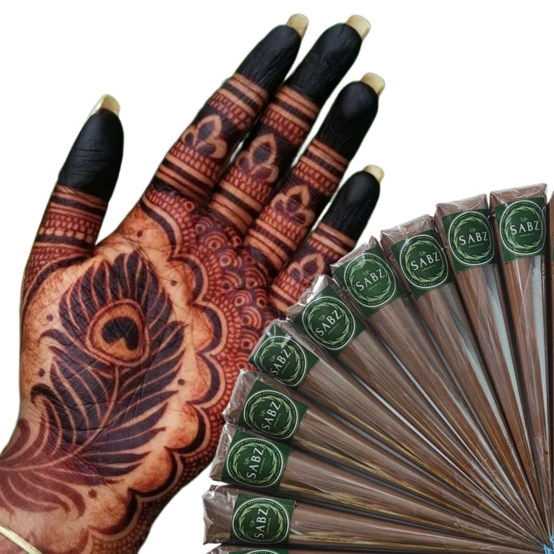 Sabz Organics Natural Bridal Henna Mehendi Cones For Hand, Feet And Body Designs Fine Detailing With Long Lasting Dark Red Brown Colour Stain (Pack of 1)