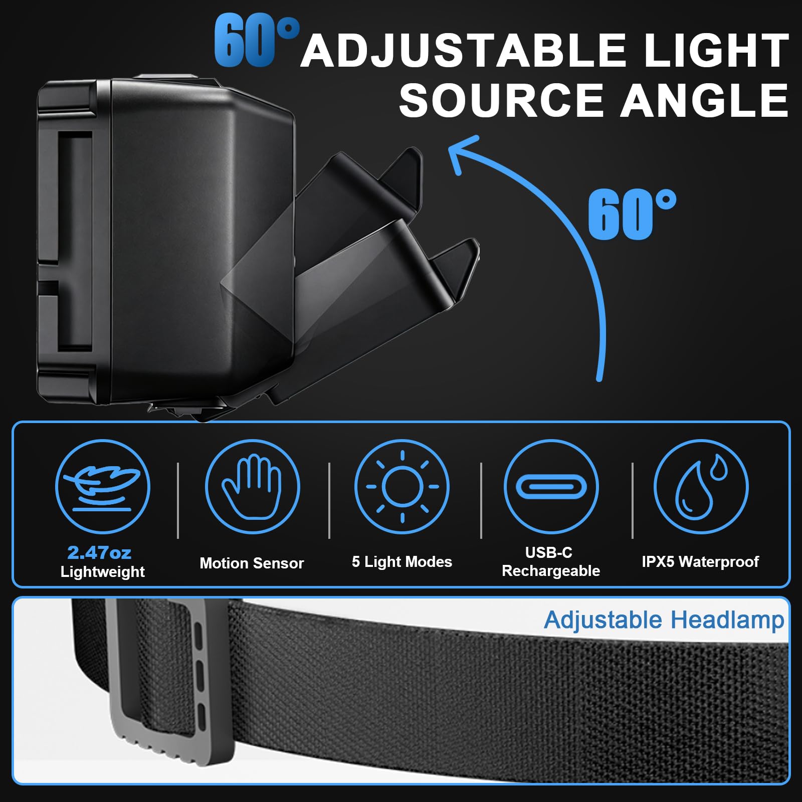 Wiederaufladbare Stirnlampe – LED-Stirnlampe mit rotem Licht, Bewegungssensor – Schwarz