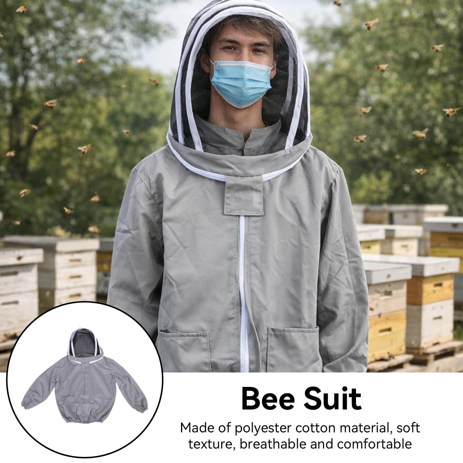 Bienenanzug mit Schleier, professionelle Imkerjacke, Bienenjacke, Bienenzucht-Kittel, Schutzanzug, Bienenanzug-Kittel mit doppelten Reißverschlüssen für Imker (Grau)