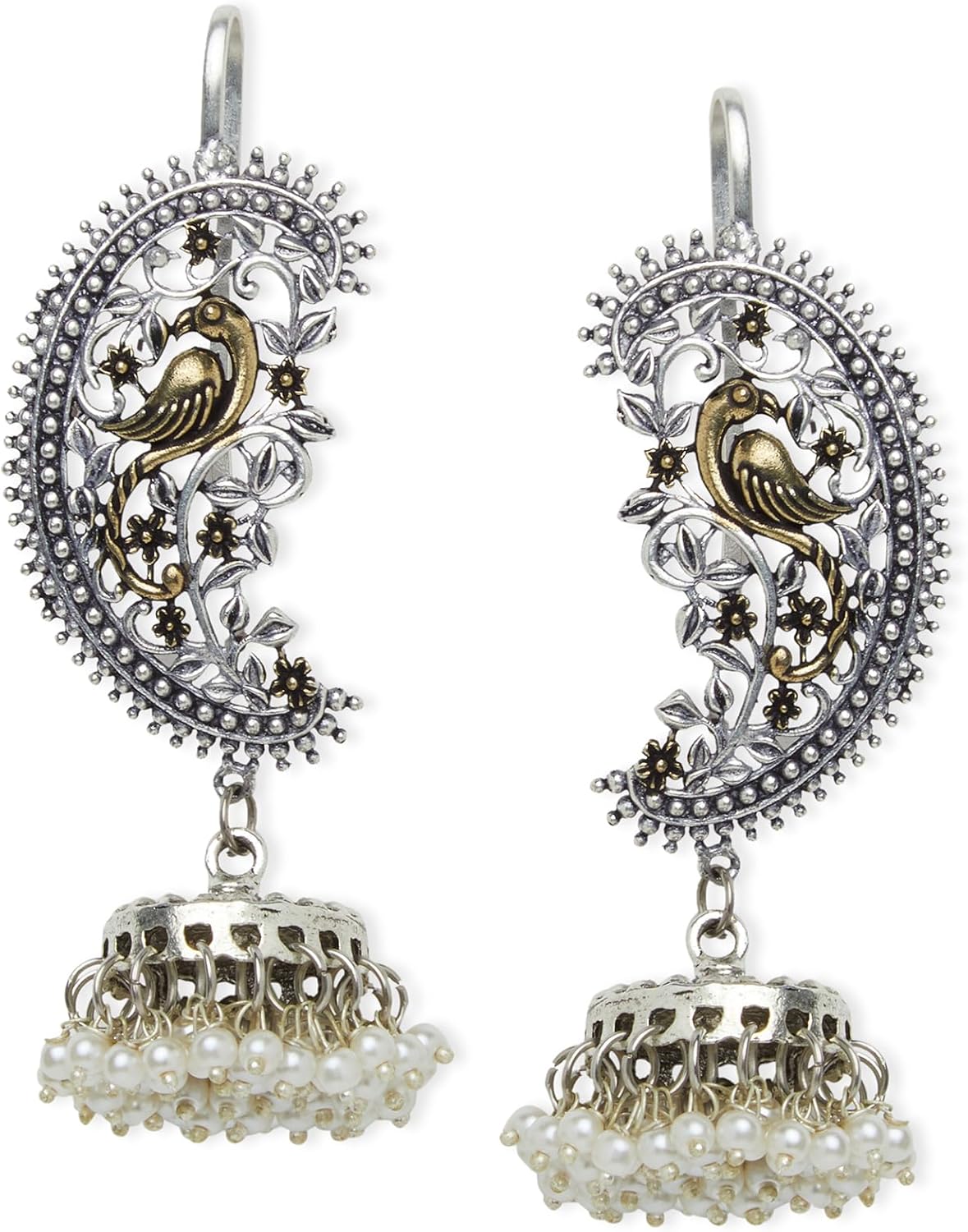 Binnis wardrobe Dual-Toned textured long jhumka with hanging pearl handcrafted earrings