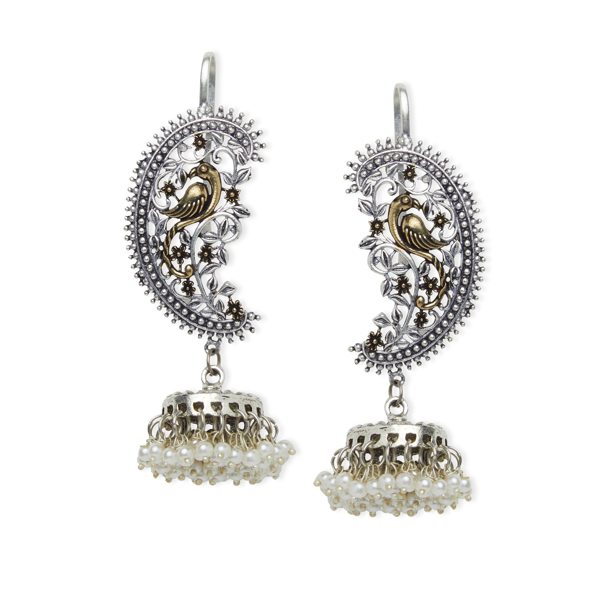 Binni s Wardrobe Womens Dual-Toned Textured Long Jhumka With Hanging Pearl Handcrafted Earrings (Silver) (B0CRVP6QKF) Amazon Price History, Amazon Price Tracker