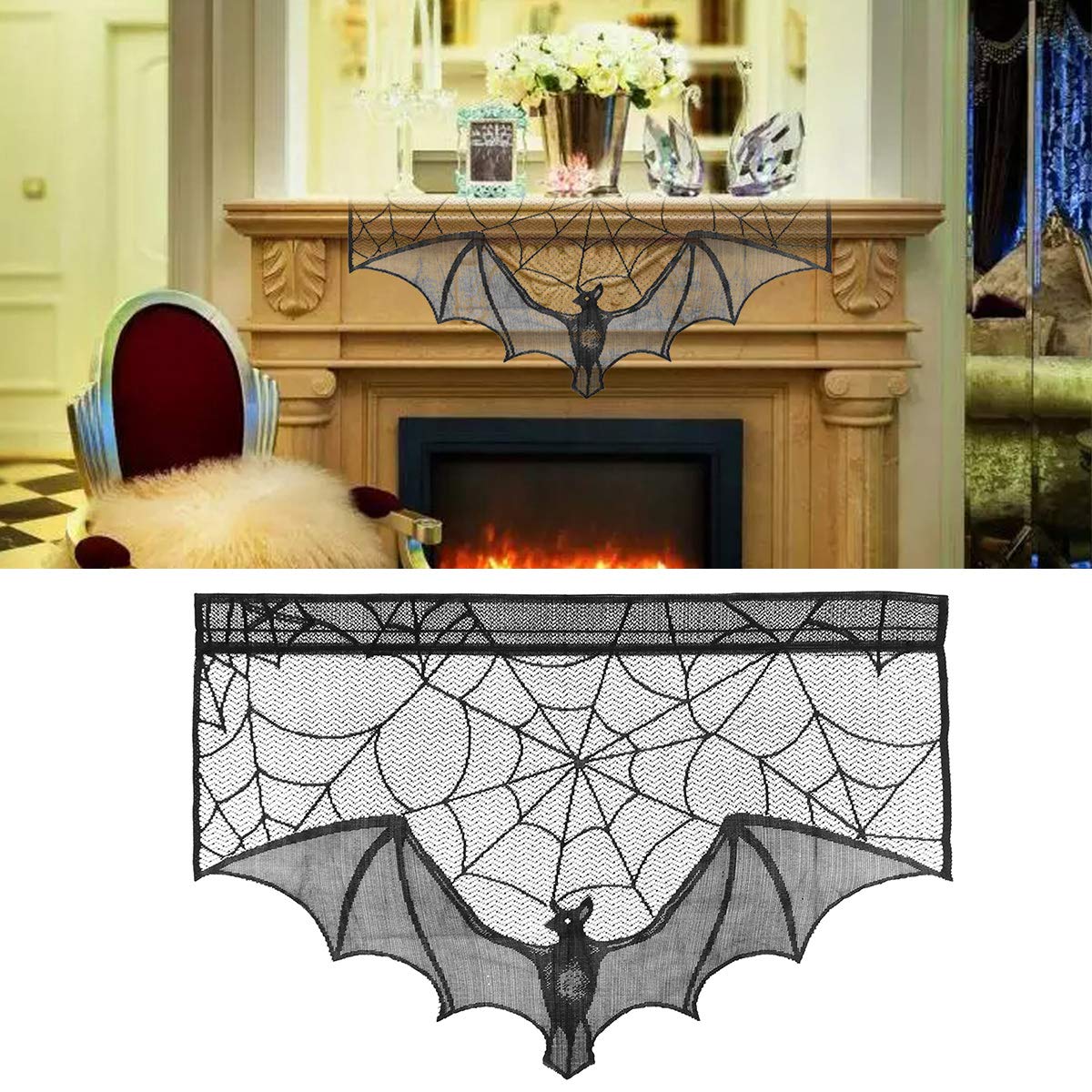 Amosfun Panno Decorativo Halloween Con Ragnatela E Pipistrelli – Runner Da Tavola O Copricamino Nero