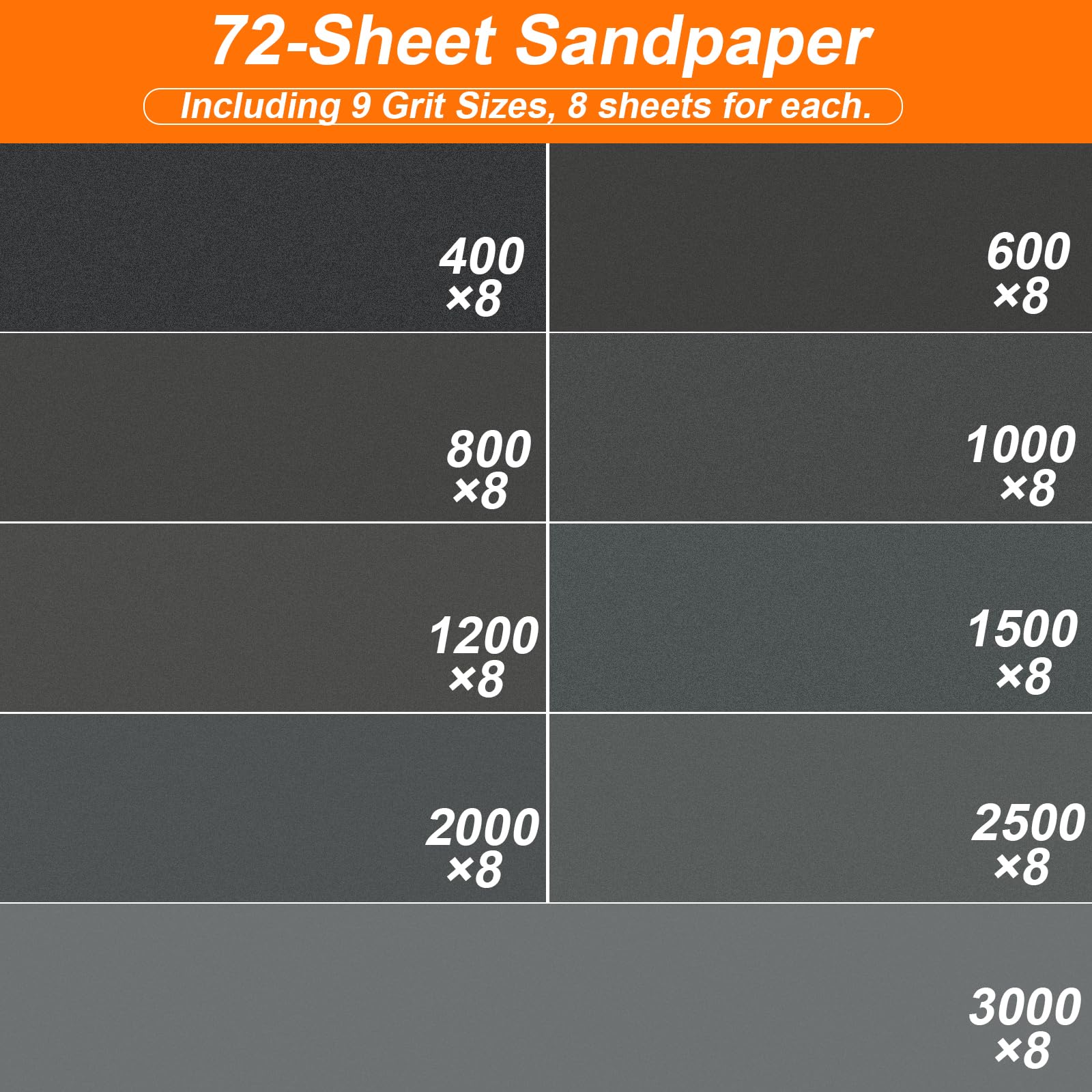 72 Piezas Papel de Lija, Lijas en Húmedo y Seco, Grano 400-3000, Lijas Al Agua Profesionales para Coche, Muebles de Madera, Piedra, Metal, Cristal