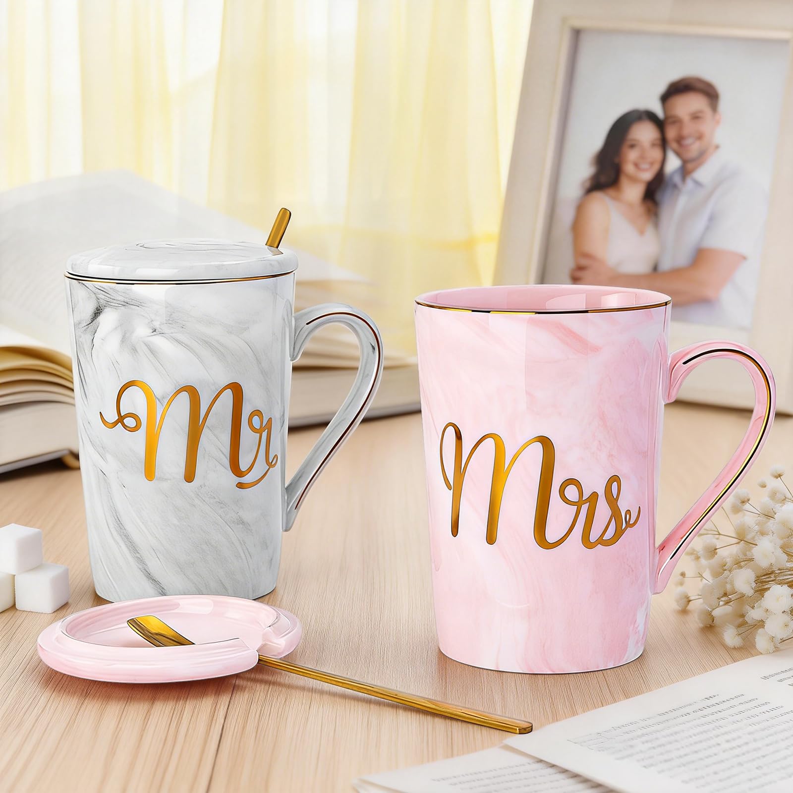 Biching Wedding Gifts for Couples 2026, Gifts for Bridal Shower Engagement Bride and Groom Anniversary, 14oz Ceramic Marble Mr and Mrs Mugs Set with Real Gold Foil, Greeting Card, Luxury Gift Box