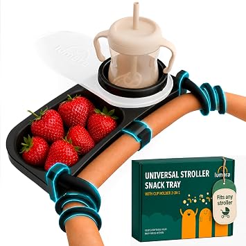 Universal Stroller Snack Tray with Cup Holder 2 in 1 - Stroller Tray Attachment for Baby & Toddler - Baby Stroller Accessories - Fit Most Strollers, Dishwasher Safe with Dust Cover & Silicone Arms